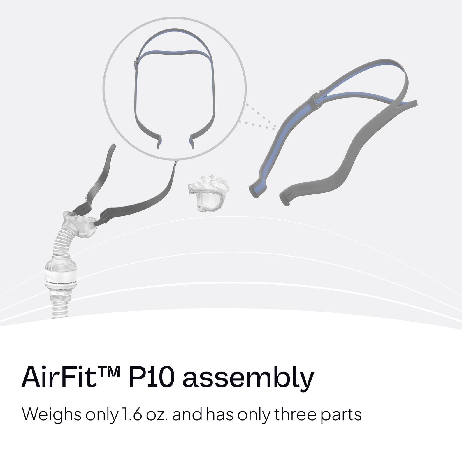 Attache latérale du harnais AirFit P10 facilitant l'enfilage et le réglage.