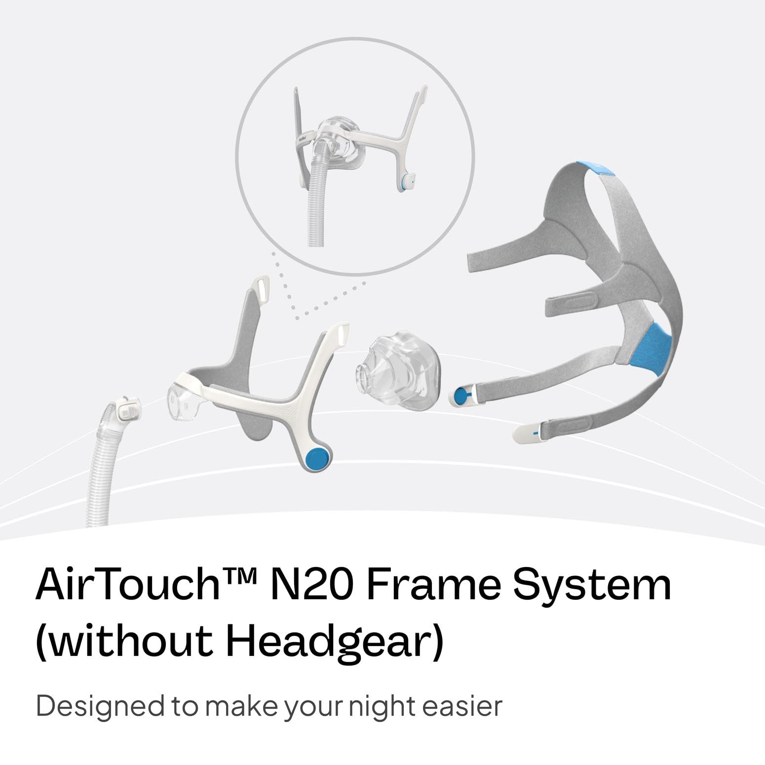 ResMed AirTouch N20, cadre inclus offrant stabilité et simplicité d’installation.