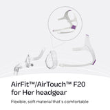 ResMed harnais AirFit/AirTouch F20 petit rose – utilisation facile et ajuste personnalisé.