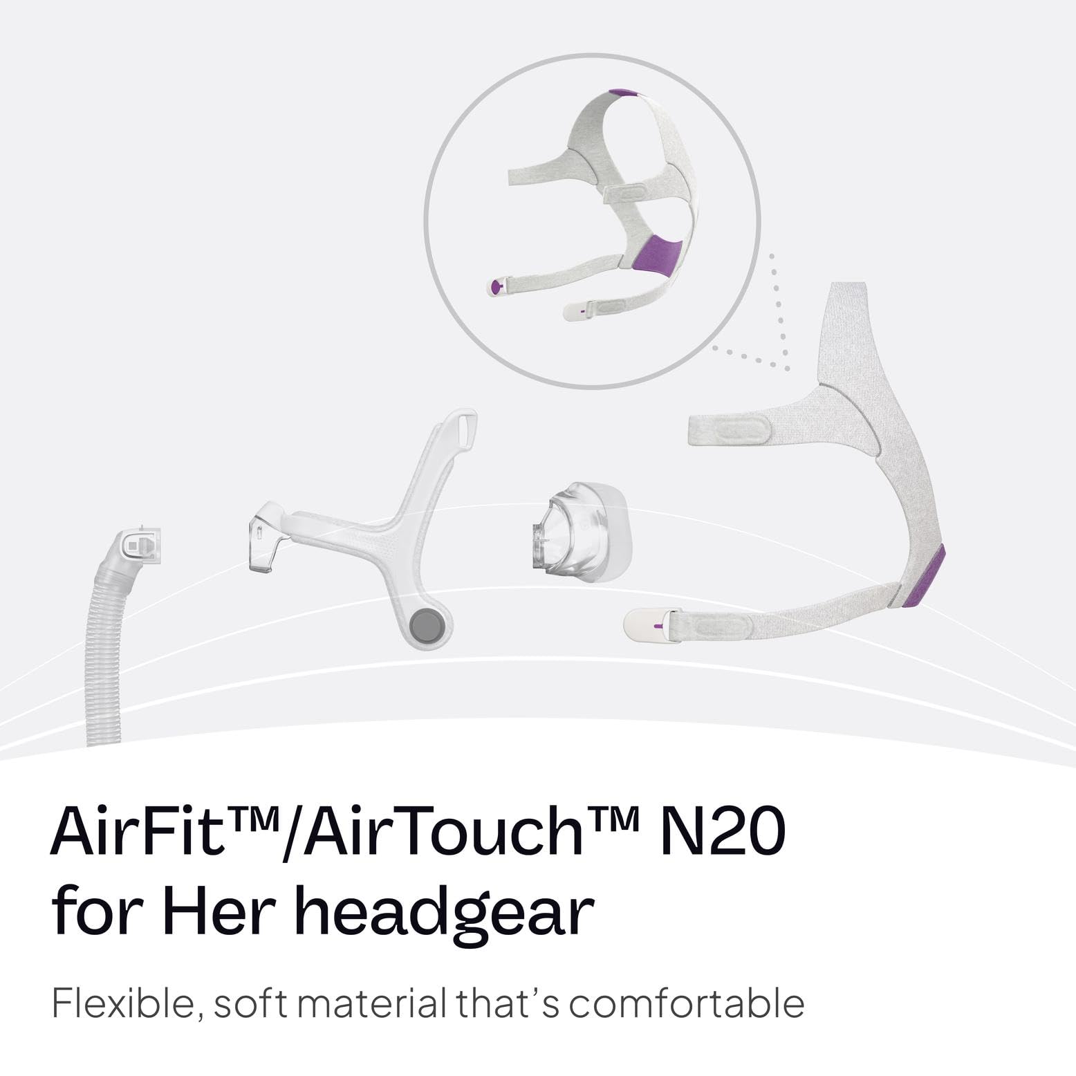 Harnais ResMed AirFit/AirTouch N20 rose, matériau souple pour un port nocturne agréable.