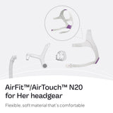 Harnais ResMed AirFit/AirTouch N20 rose, matériau souple pour un port nocturne agréable.