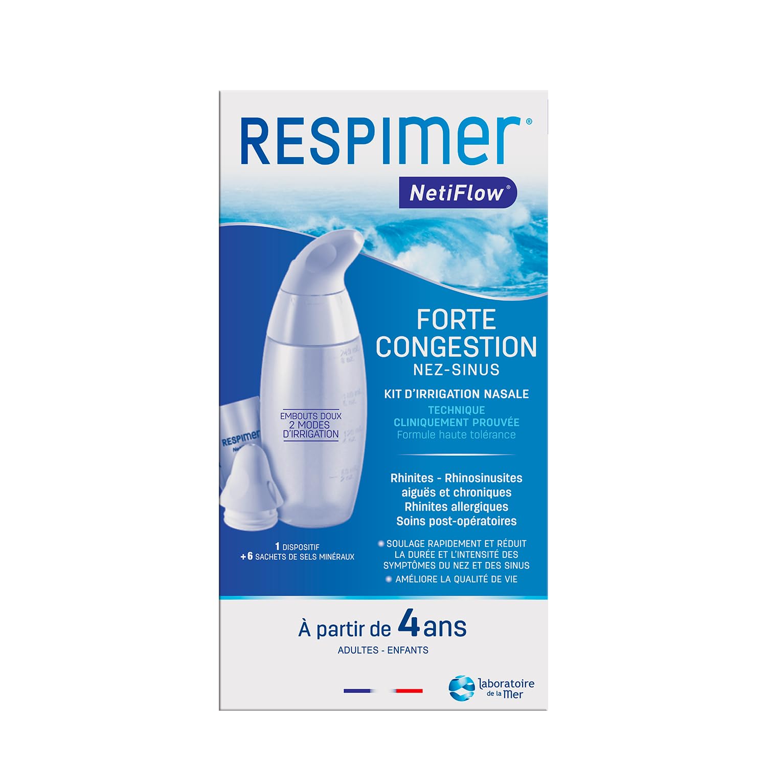 Respimer NetiFlow: bouteille 240 ml prête à l’emploi pour lavage nasal pratique et efficace.