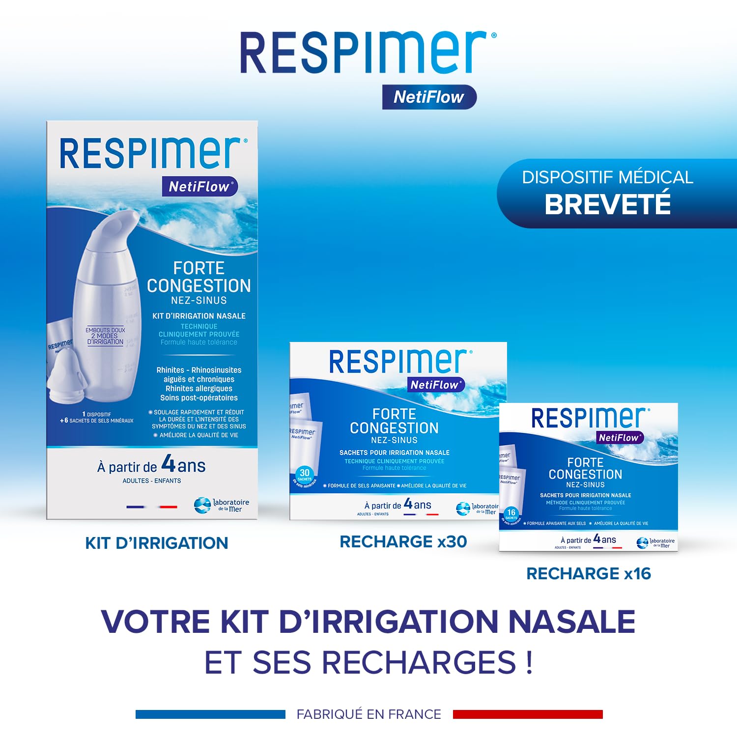 Respimer NetiFlow: kit complet prêt à l’emploi pour lavage nasal quotidien.