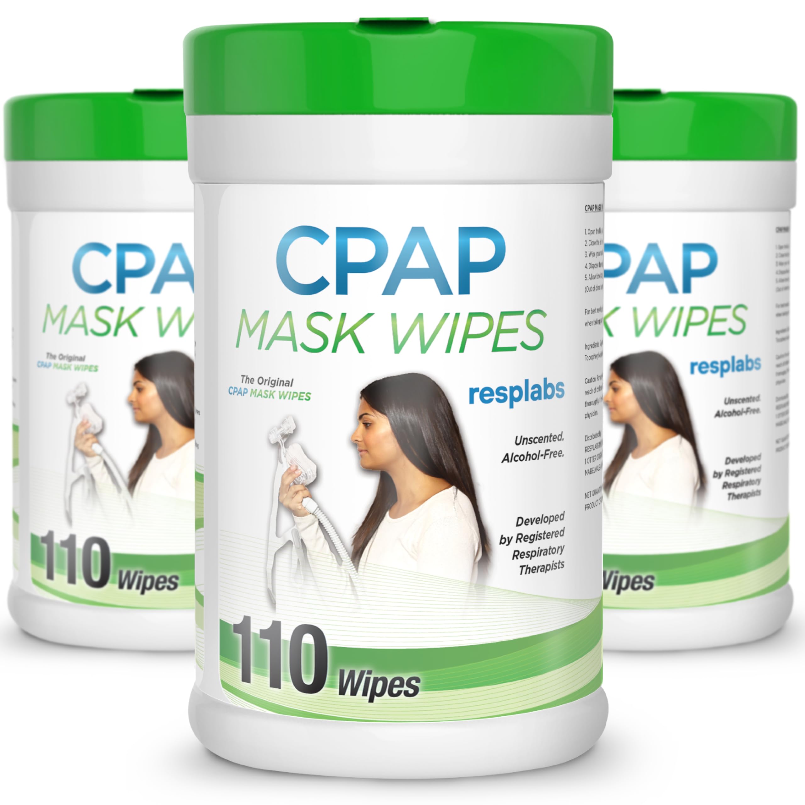 RespLabs CPAP Wipes dans la boîte de 110 lingettes pour nettoyage rapide.