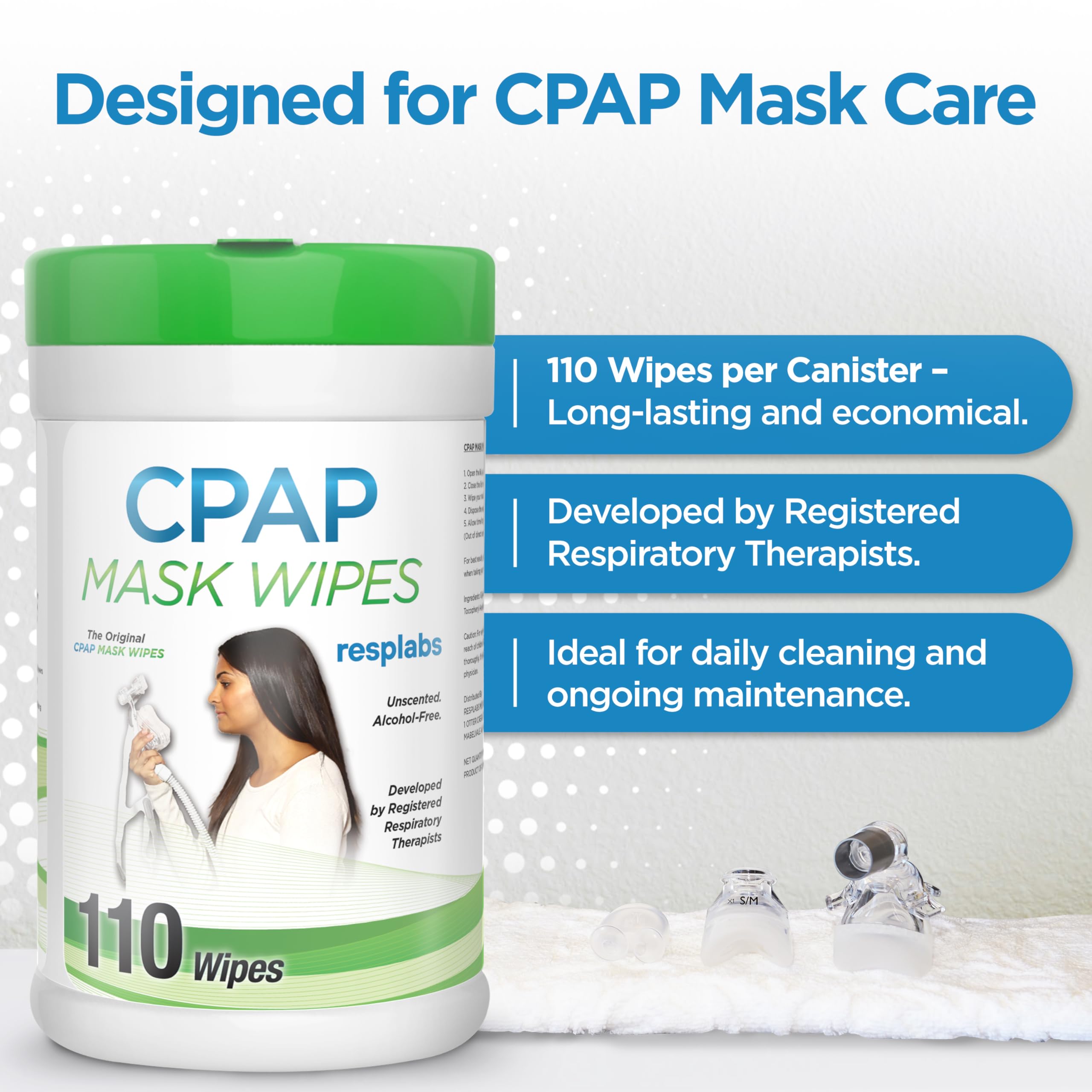 RespLabs CPAP Wipes sans résidu laissant le masque propre.
