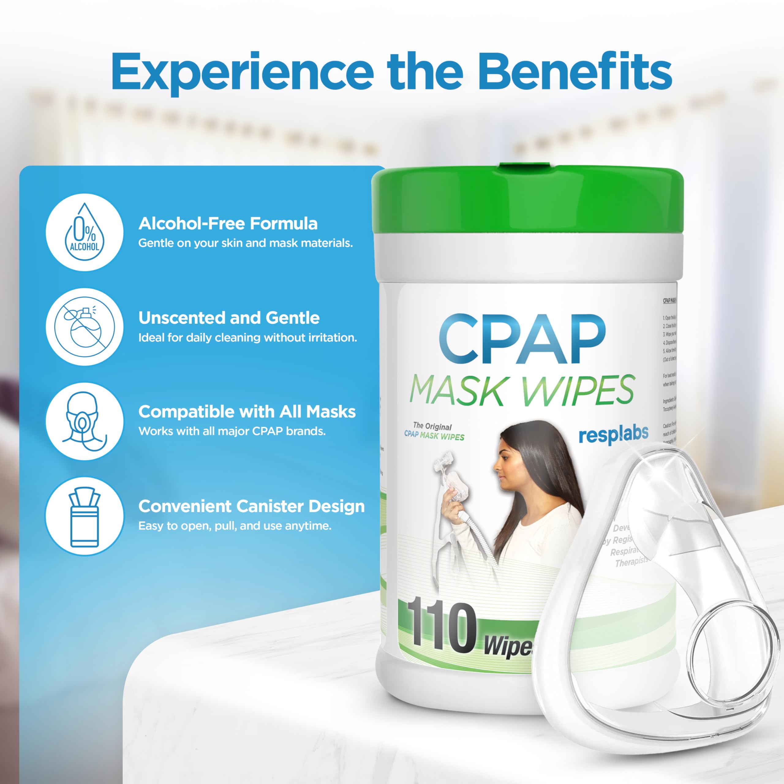 RespLabs CPAP Wipes usage rapide démontrant le nettoyage sans eau.