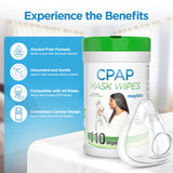 RespLabs CPAP Wipes usage rapide démontrant le nettoyage sans eau.
