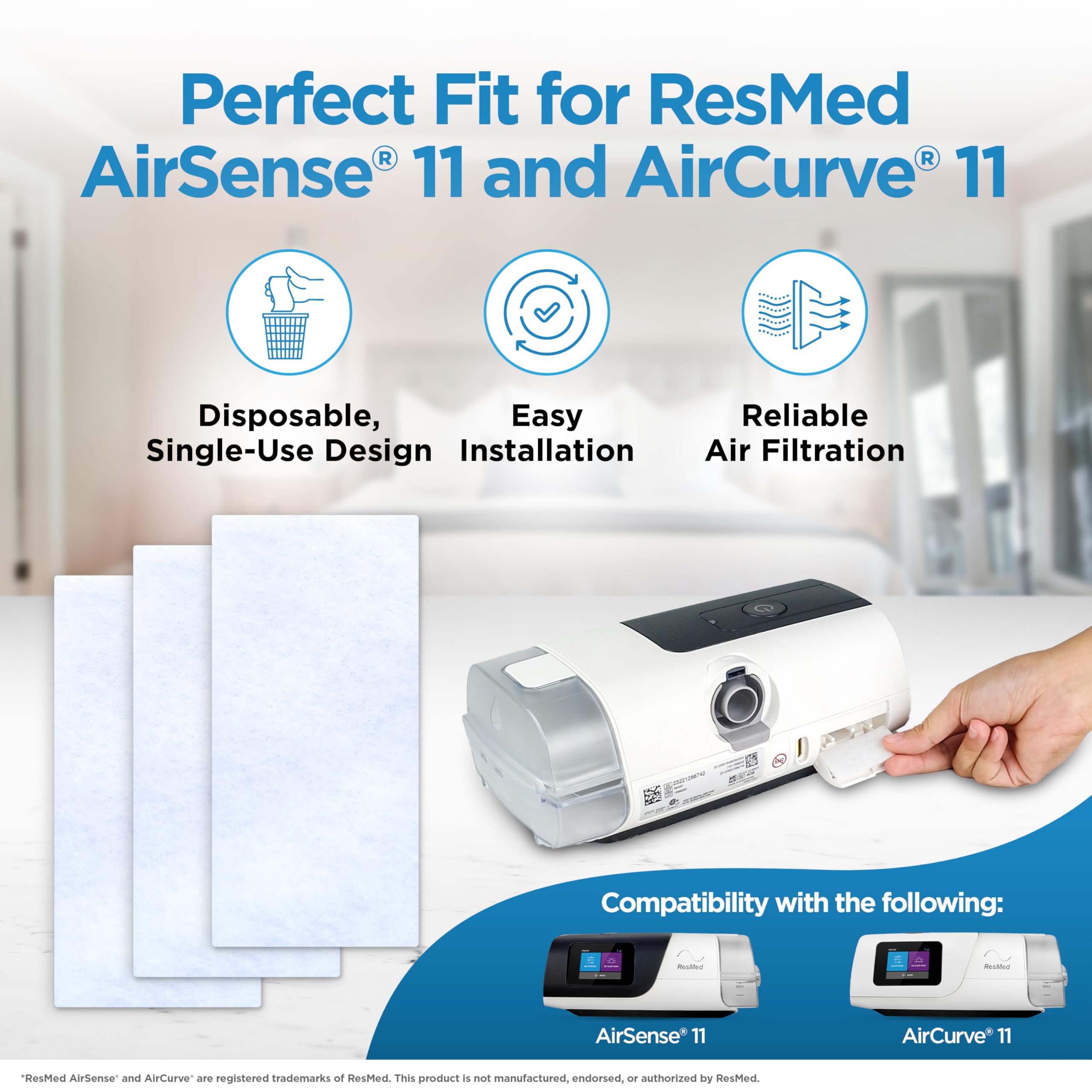 RespLabs filtre CPAP détail: matière filtrante dense pour limiter poussière et débris.