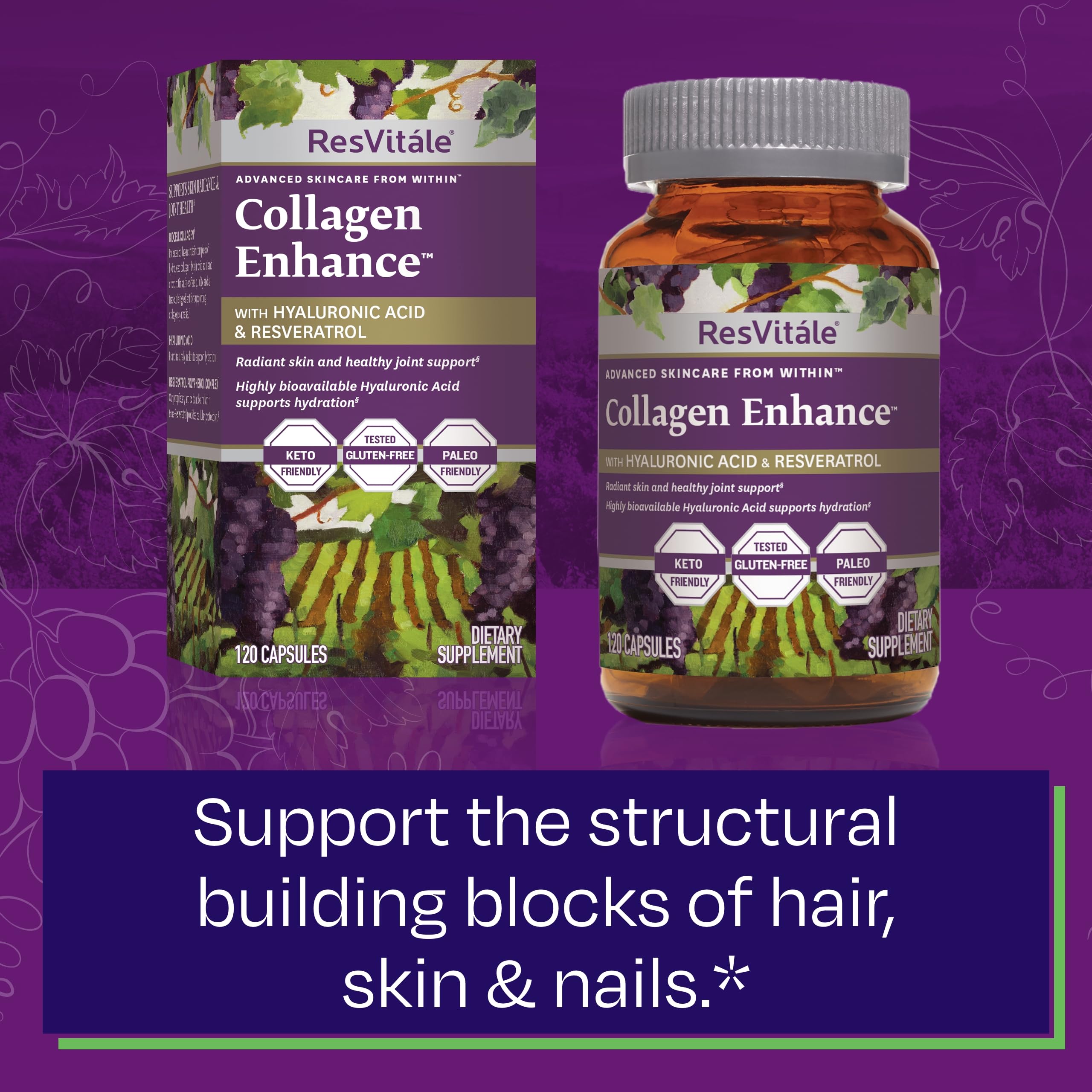 ResVitale Collagen Enhance – tableau des ingrédients et bénéfices visibles sur l’emballage.