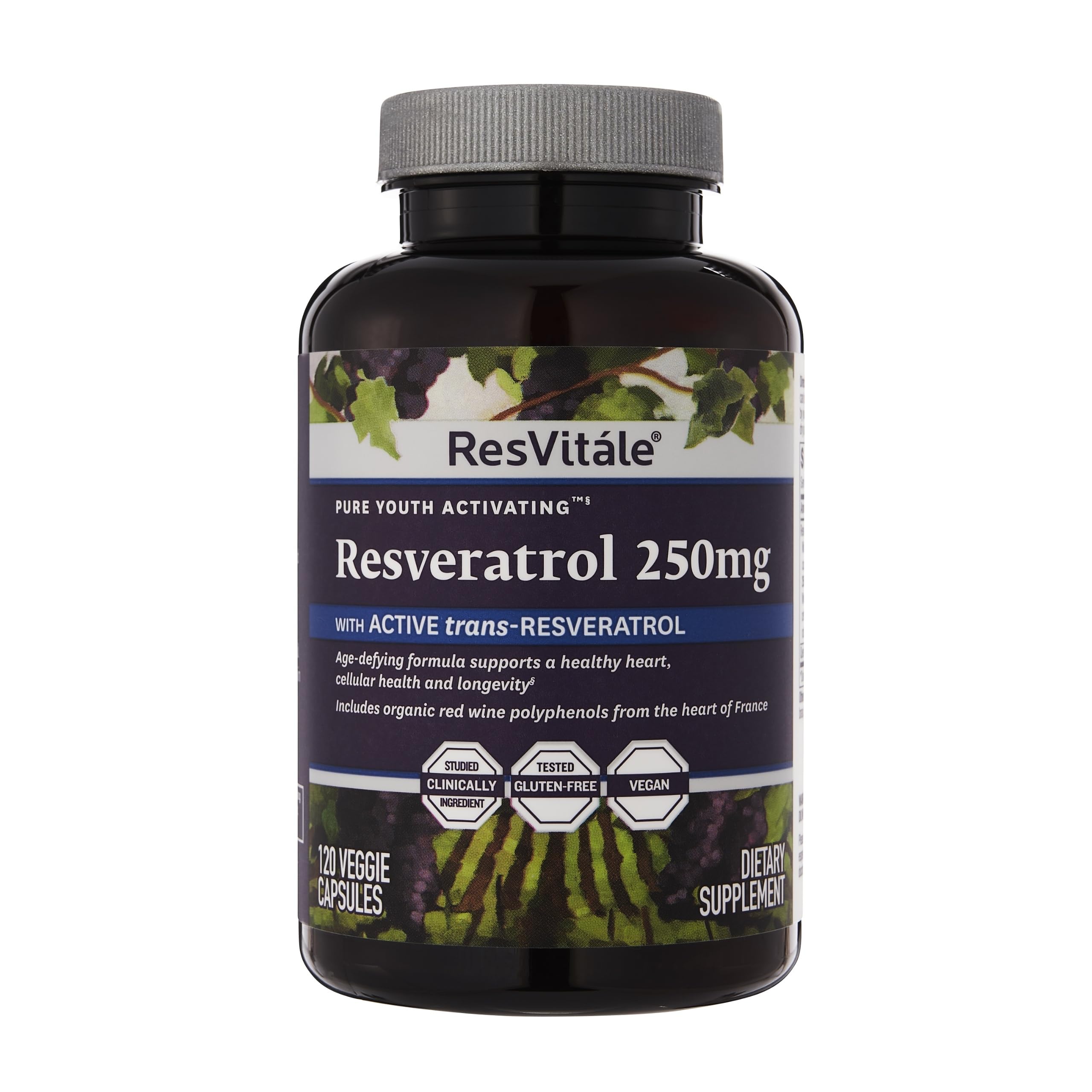 Bouteille ResVitale Resveratrol 250 mg pour soutenir la vitalité quotidienne