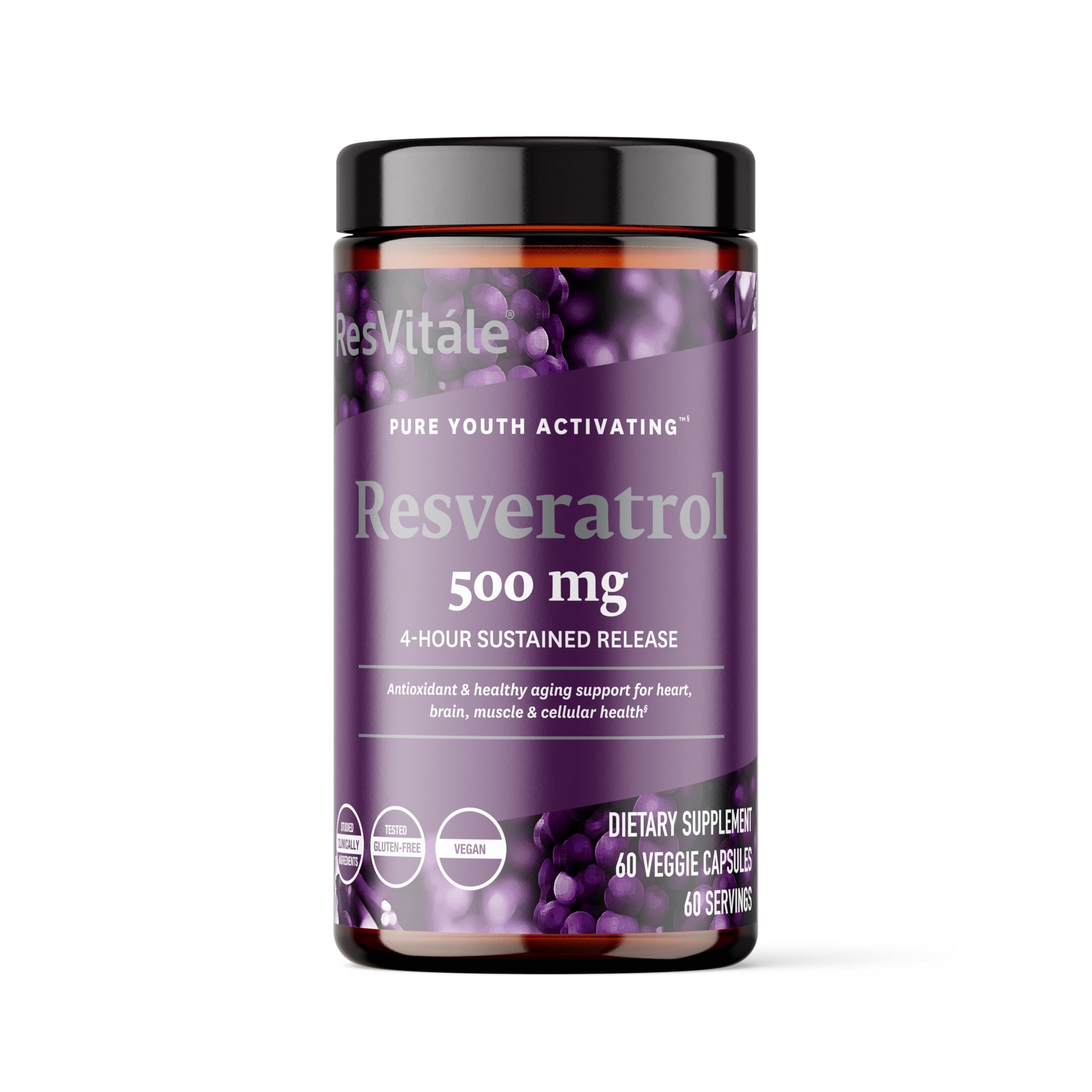 ResVitale Résveratrol 500 mg – bouteille montrant les capsules végétales pour la vitalité