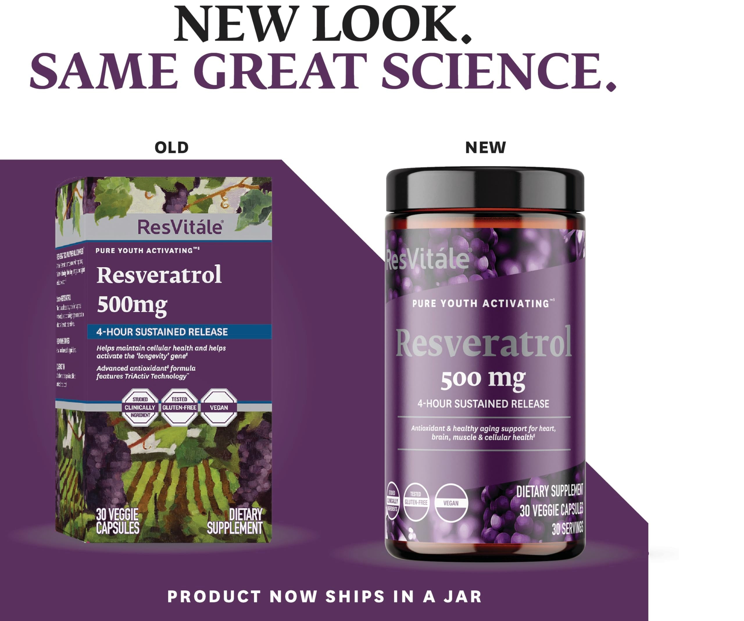 Étiquette du produit ResVitale Resveratrol 500 mg avec ingrédients clés.