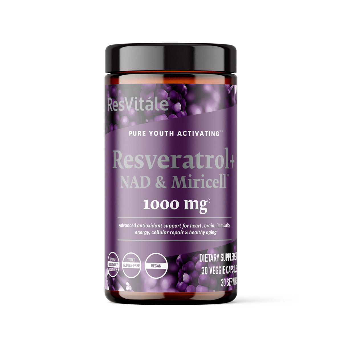 ResVitále Résveratrol NAD Miricell – bouteille; soutien antioxydant potentiel et énergie.