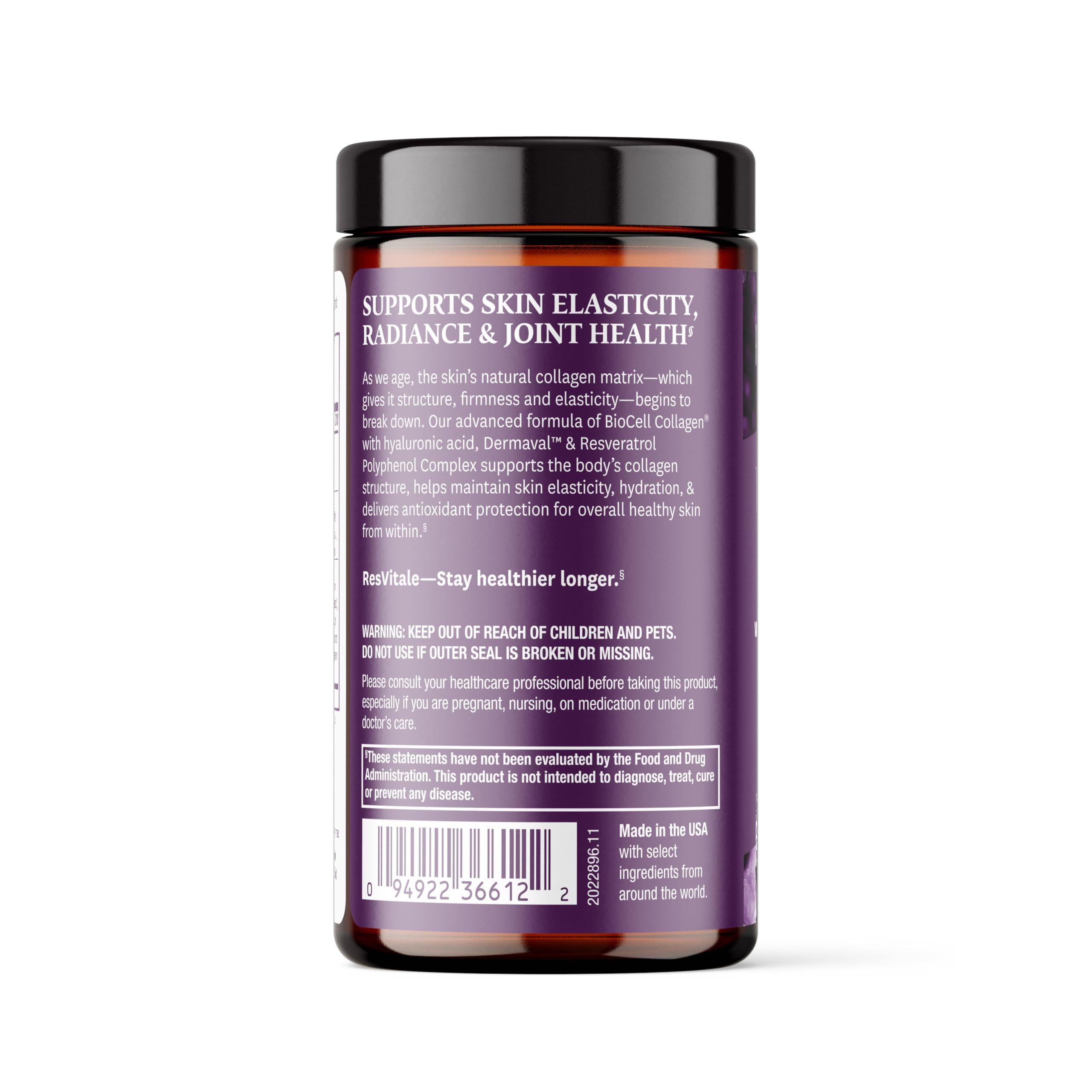 Étiquette claire ResVitále Ultra Collagen Enhance, indiquant le résveratrol et l'usage.