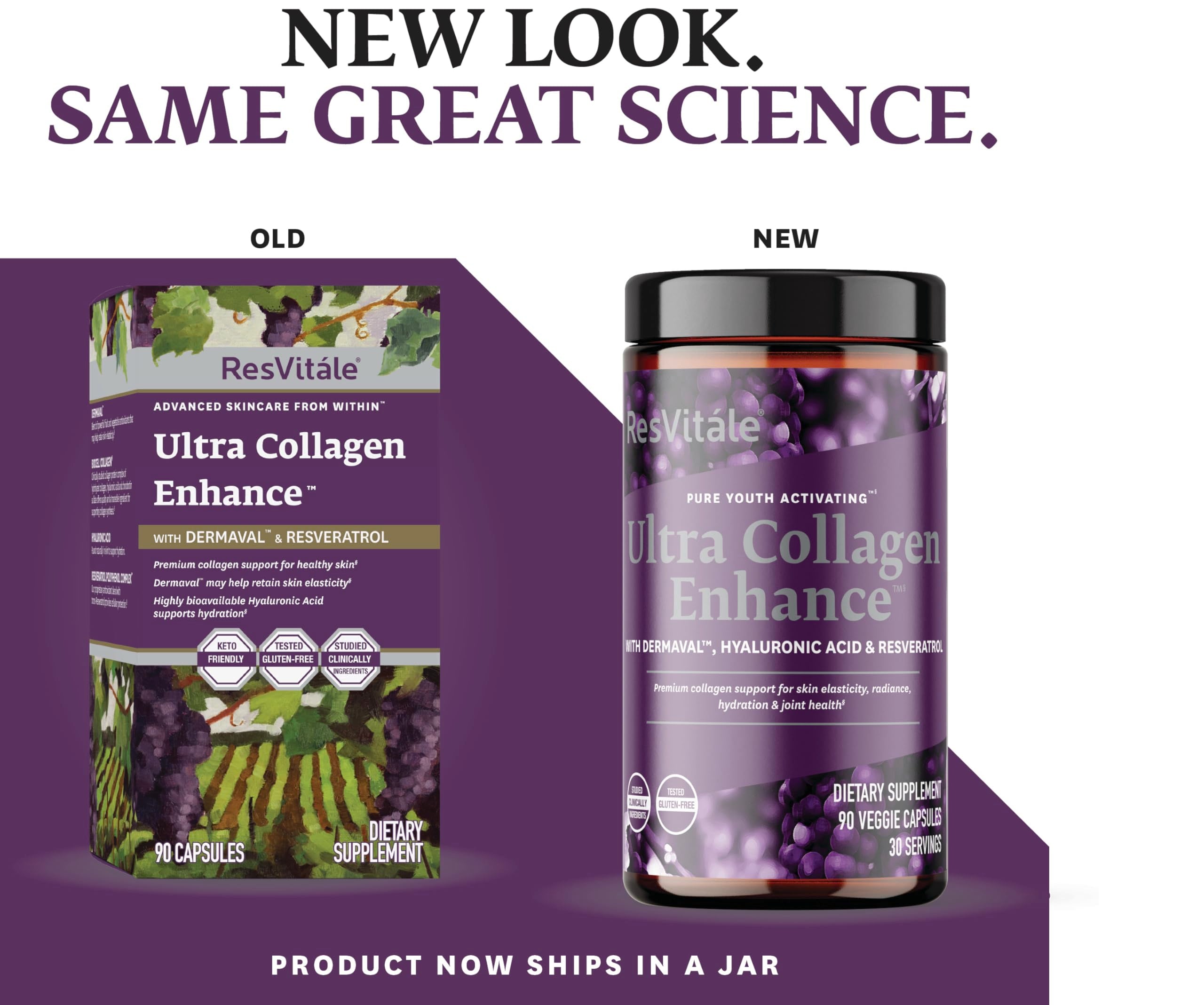 Etui packaging ResVitále Ultra Collagen Enhance, présentation sobre et pratique.