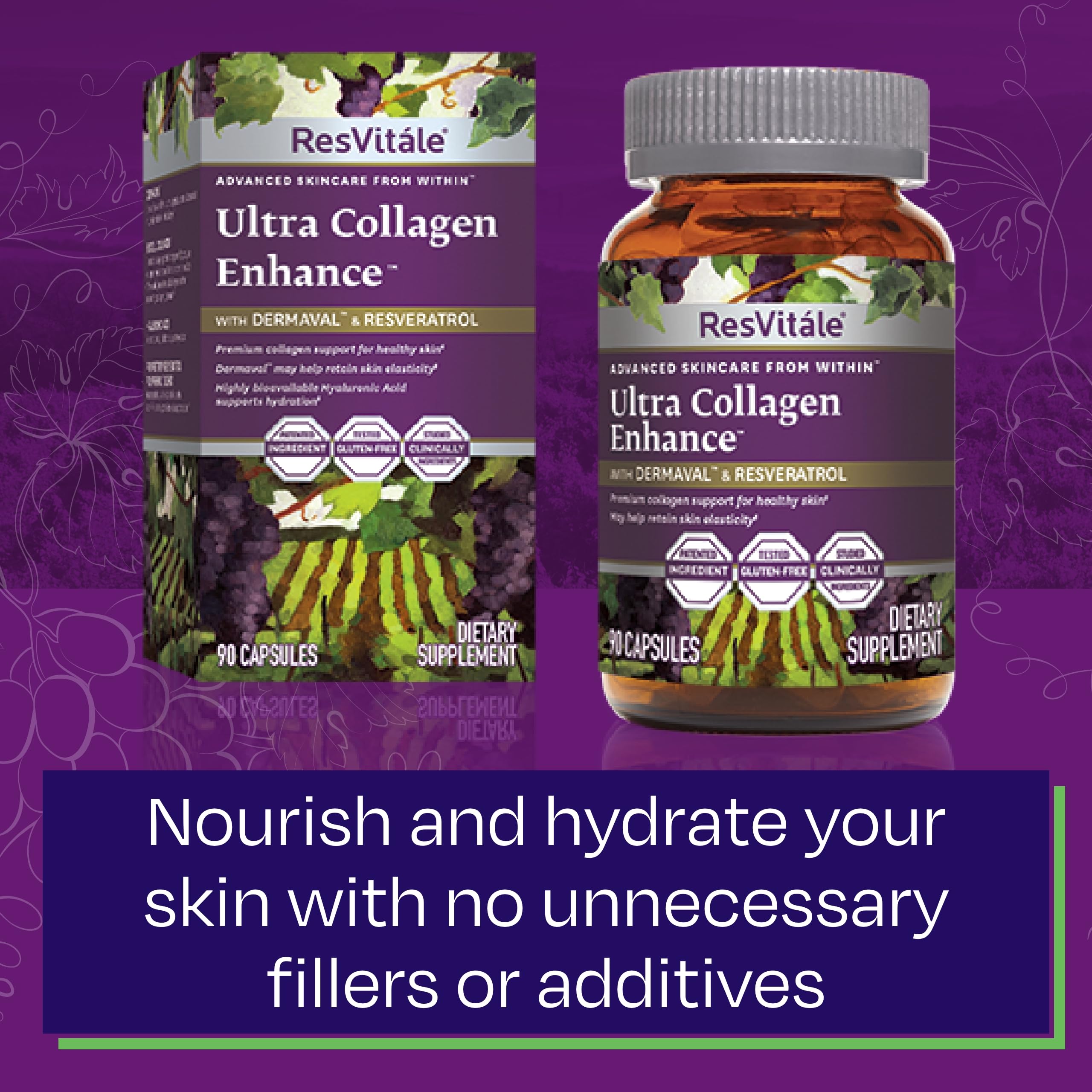 Gros plan sur les gélules vertes de ResVitále Ultra Collagen Enhance, formulation végétale de qualité.