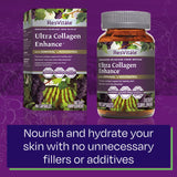 Gros plan sur les gélules vertes de ResVitále Ultra Collagen Enhance, formulation végétale de qualité.