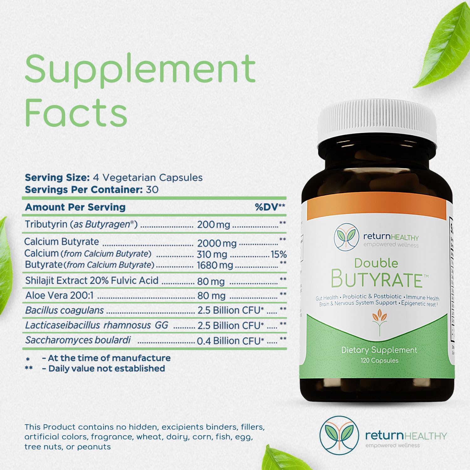 Capsules Return Healthy Double Butyrate en gros plan, texture neutre.