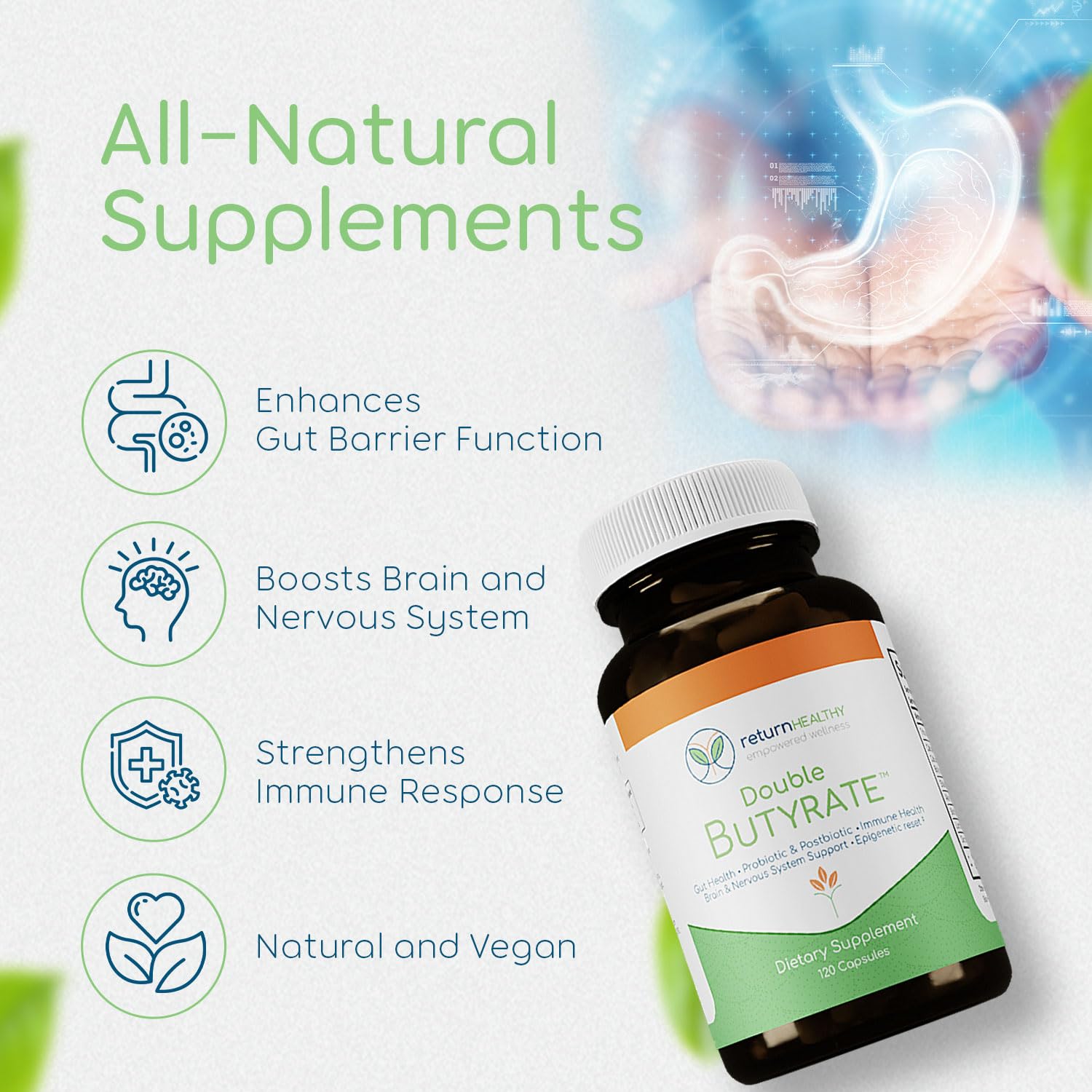 Emballage Return Healthy Double Butyrate reflétant la formule naturelle et sans OGM.