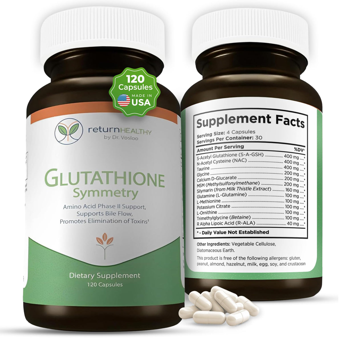 Bouteille Return Healthy Glutathione Symmetry montrant des capsules faciles à avaler pour une détox naturelle.