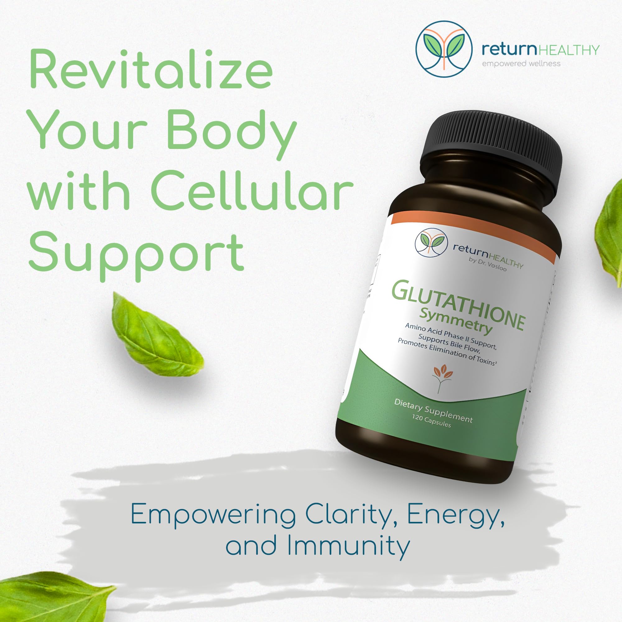 Capsules Return Healthy Glutathione Symmetry prêtes à l'emploi pour soutenir la santé cellulaire.