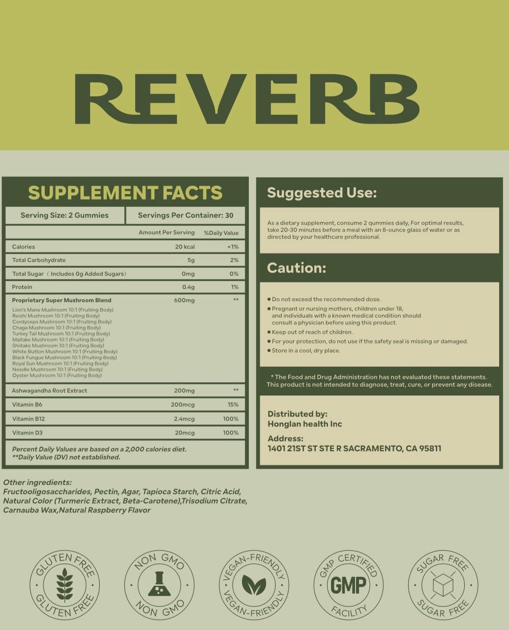 REVERB ashwagandha et champignons: mélange visuel illustrant le soutien mental.
