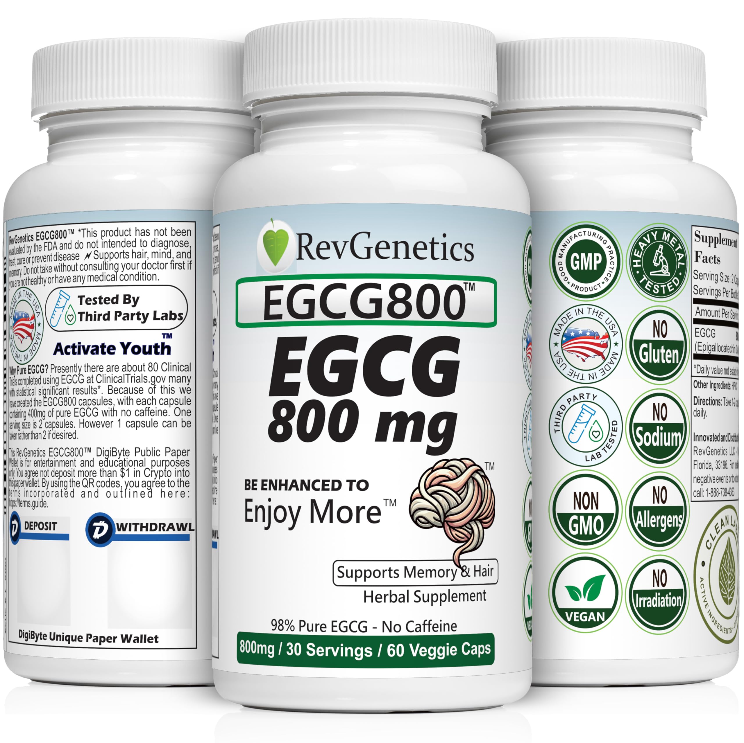 Capsules REVGENETICS EGCG: énergie durable sans tremblements grâce à l’absence de caféine.
