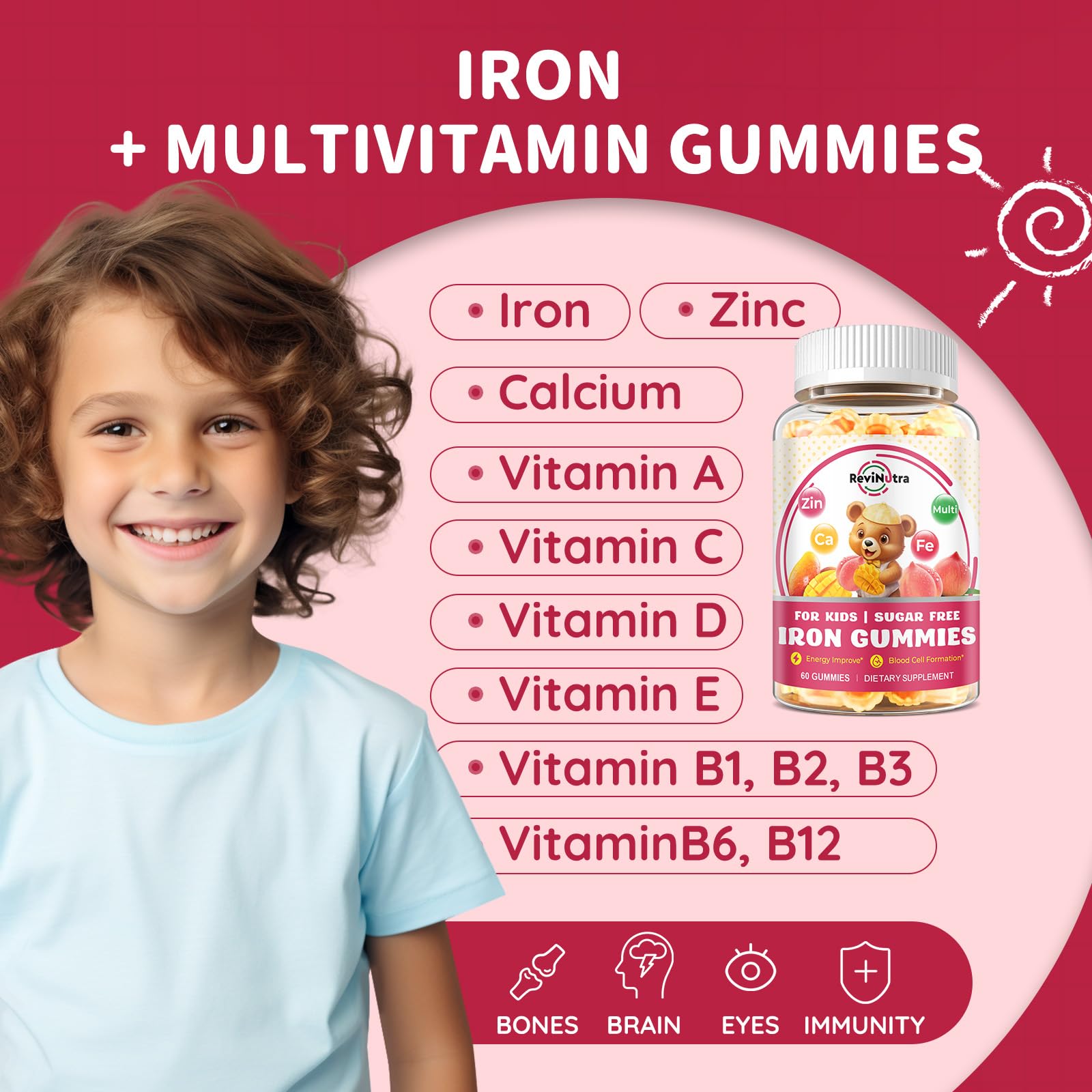 Emballage ReviNutra gommes fer enfants, présentation pratique et enfants heureux