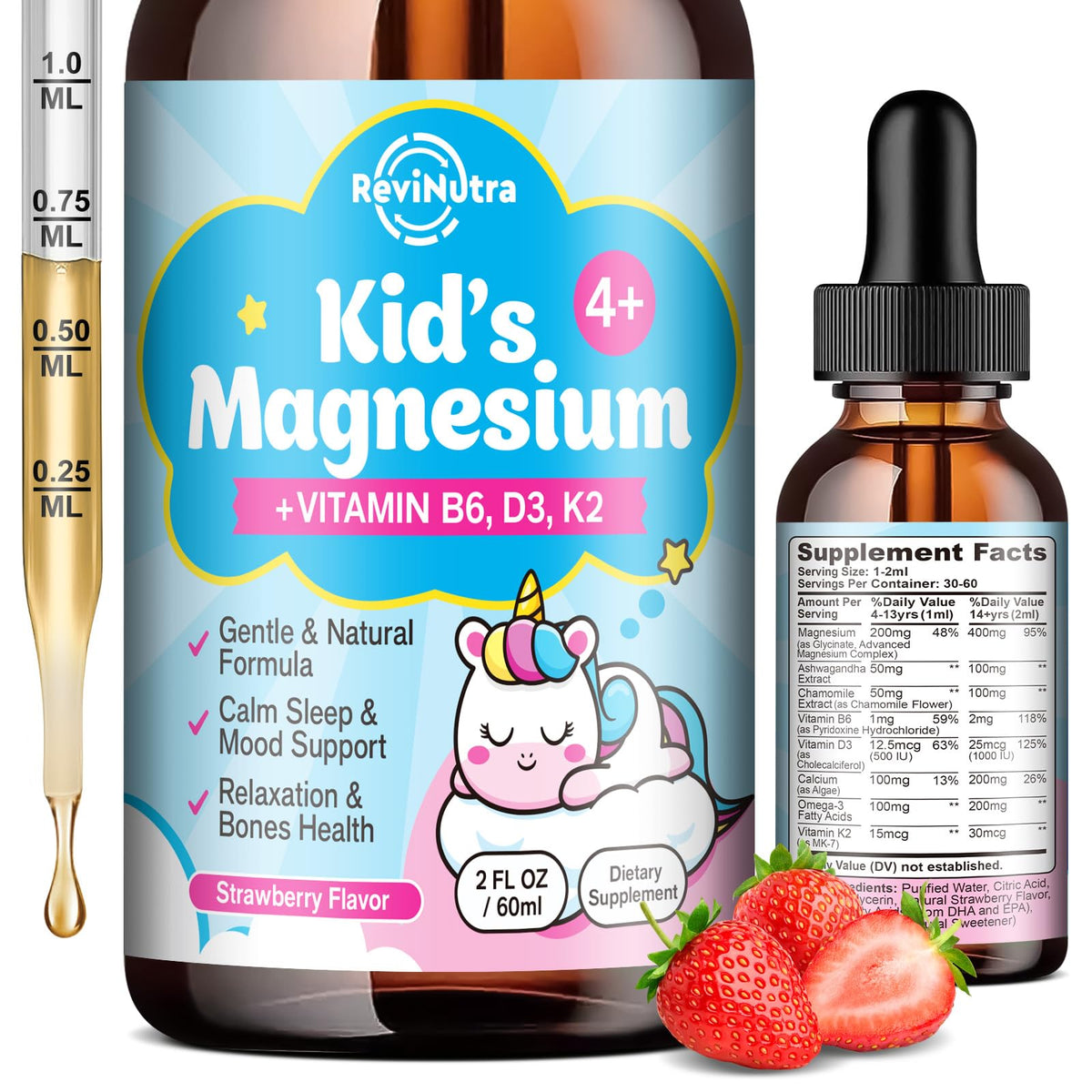 ReviNutra Enfants flacon glycinate liquide, oméga-3 et fraise.
