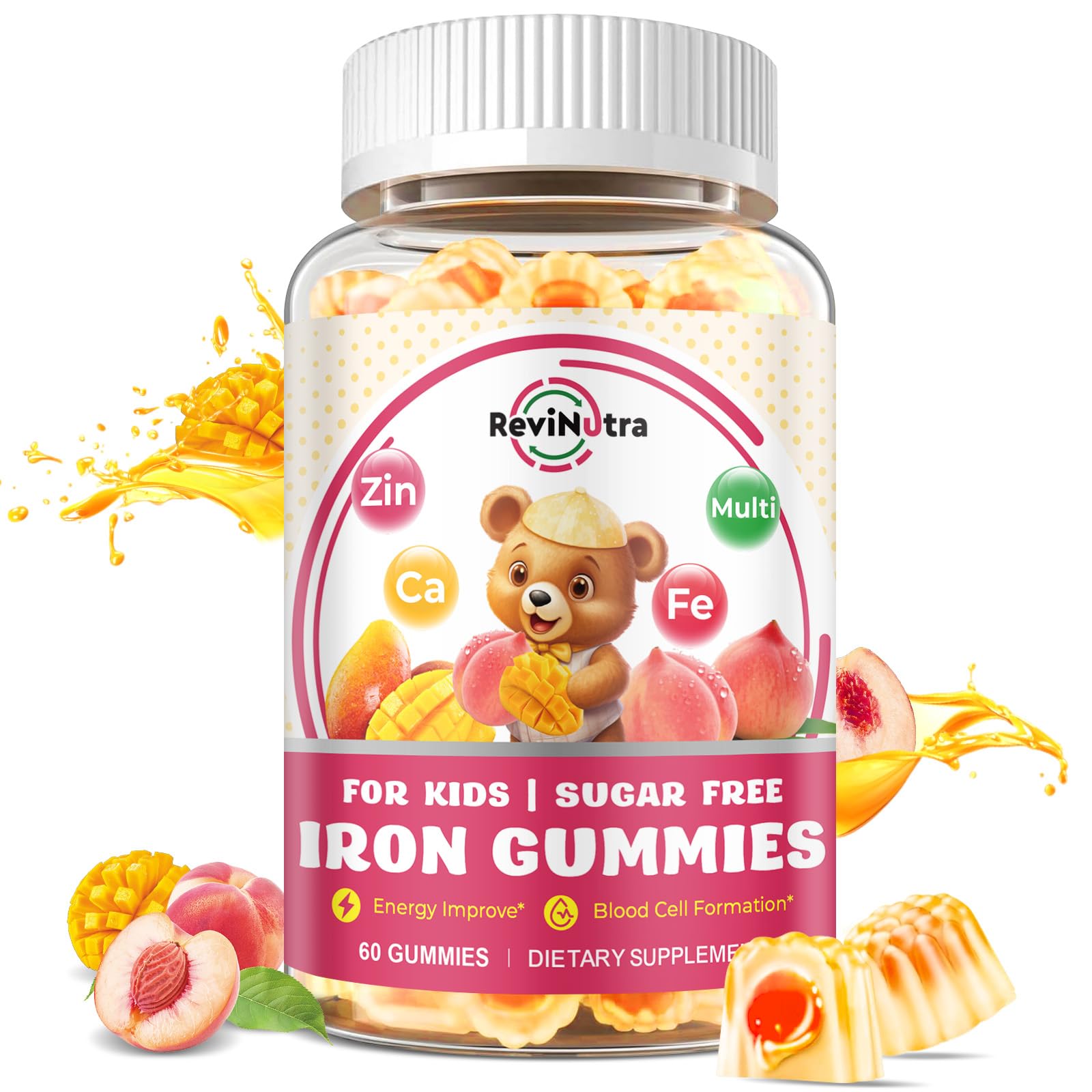 Gomme fer pour enfants ReviNutra saveur pêche-mangue, goût attrayant et énergie potentielle