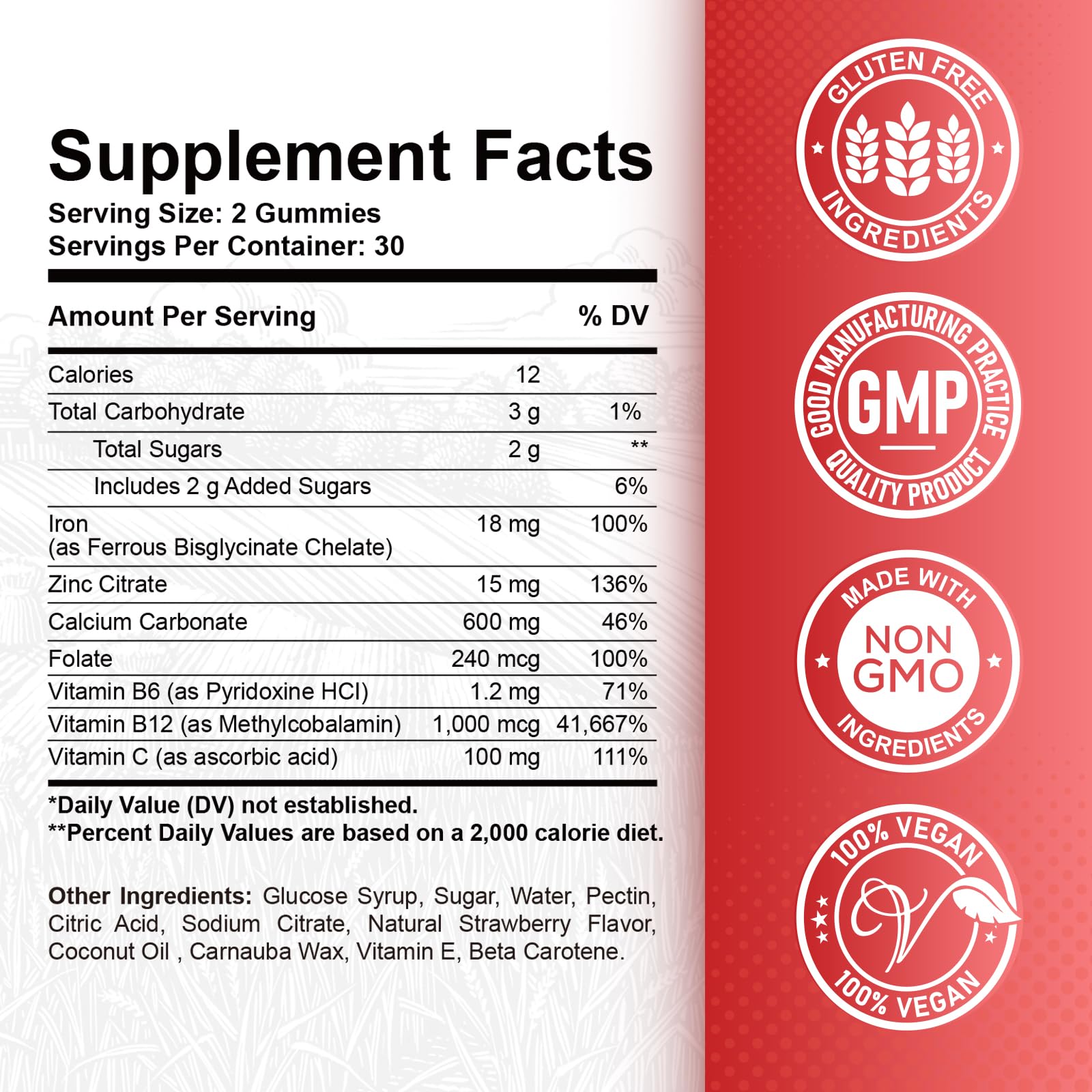composition ReviNutra: fer, zinc, calcium, folate et vitamines