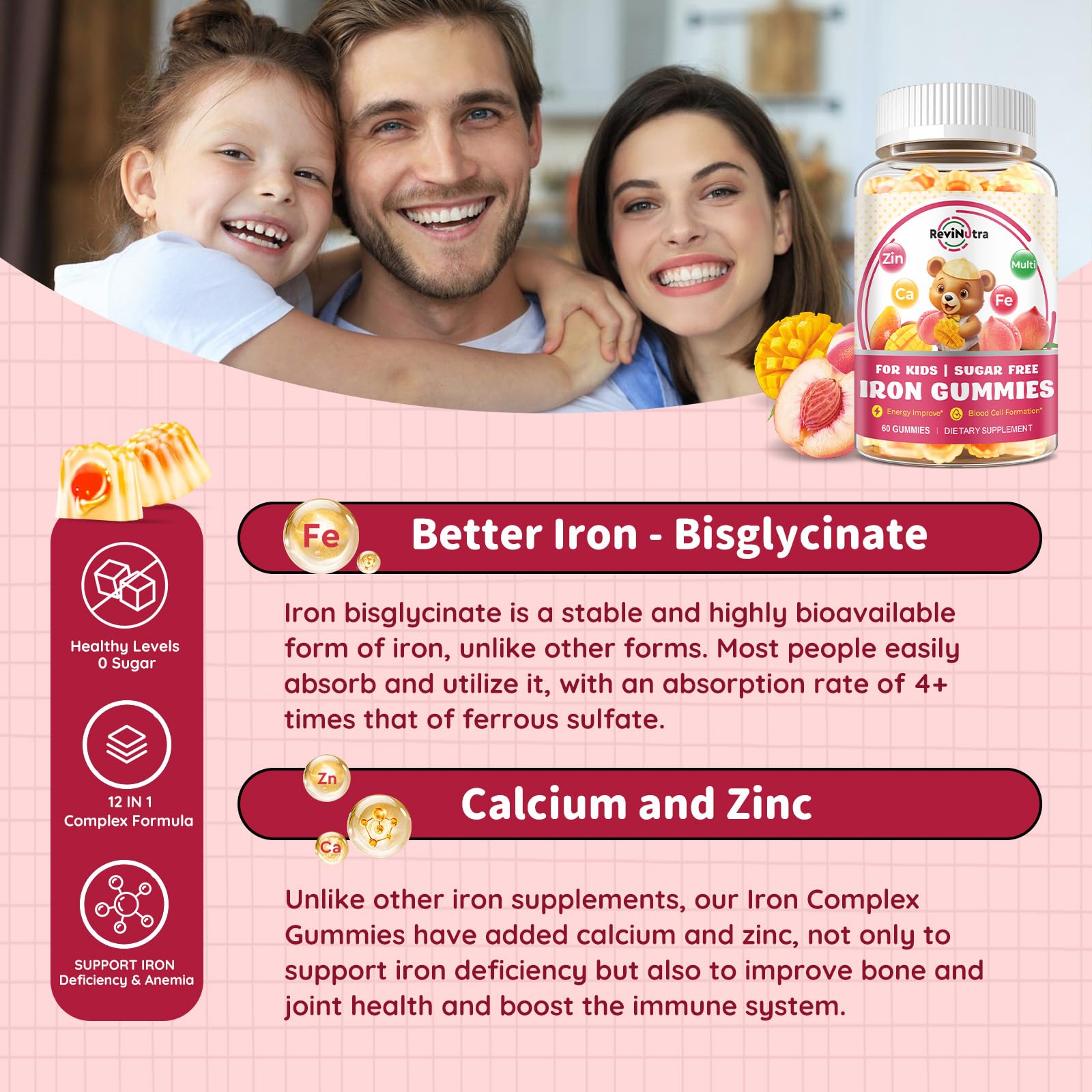 Ingrédients clés ReviNutra gommes enfants calcium et zinc, soutiens os et immunité