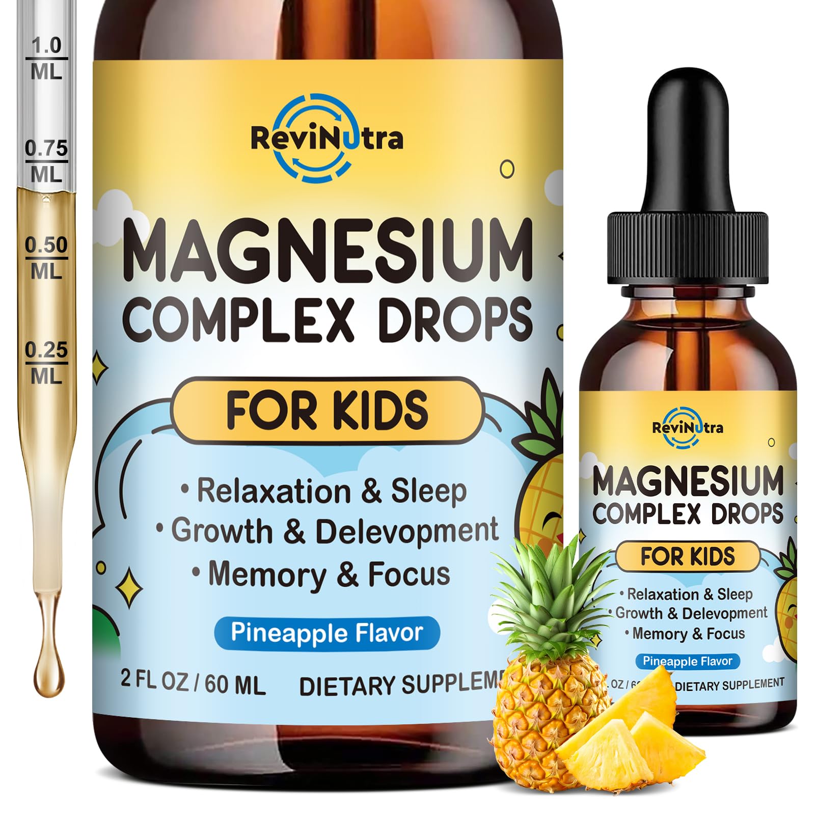 Bouteille ReviNutra magnésium liquide pour enfants, soutien au sommeil paisible