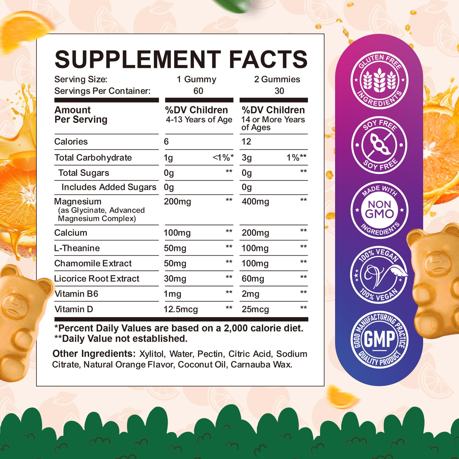Gommes orange ReviNutra Calme, magnésium au goût fruité pour enfants.