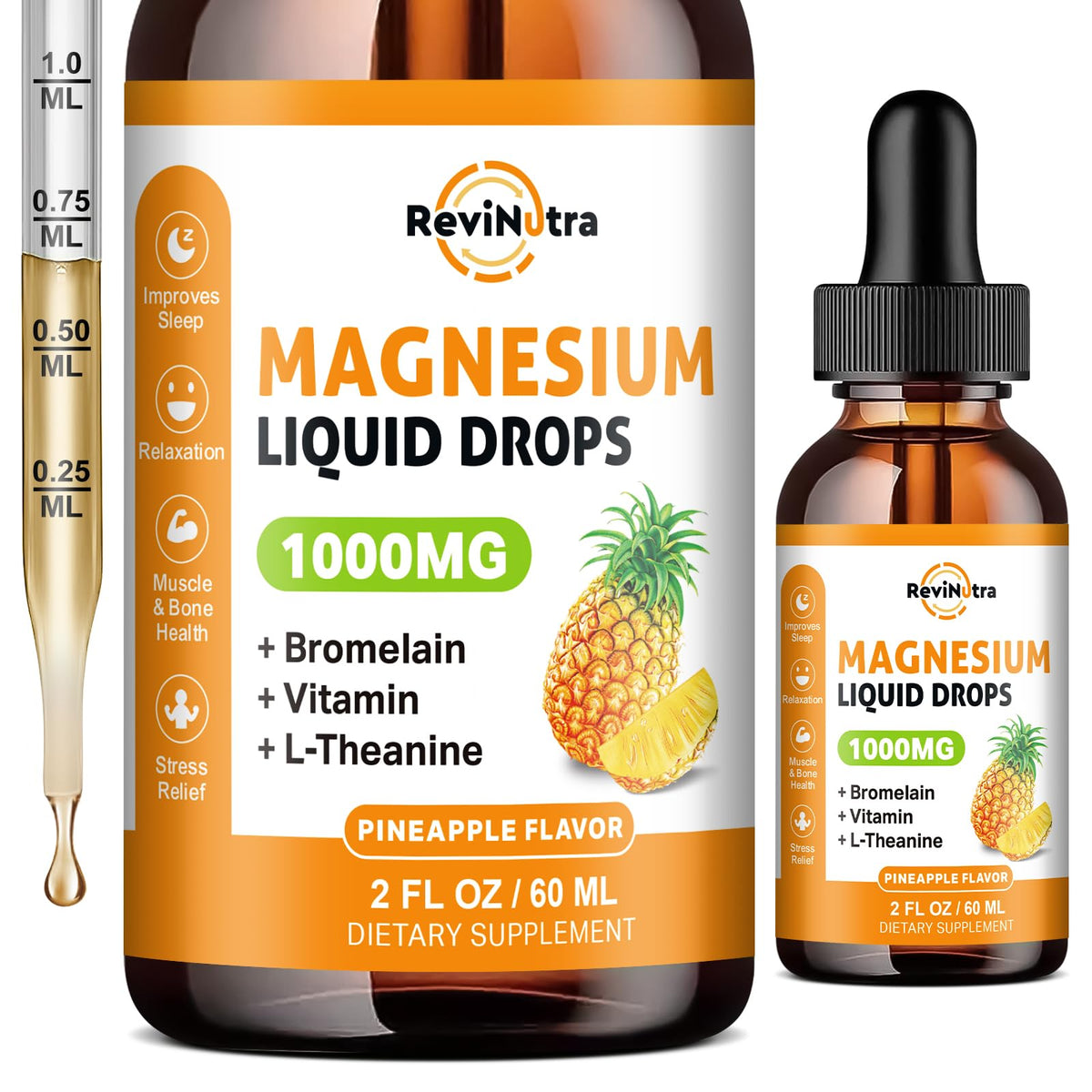 ReviNutra glycinate magnésium gouttes bouteille, soutien sommeil et détente
