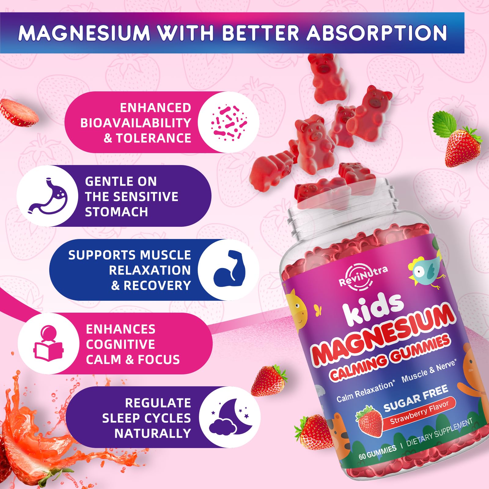 Gommes magnésium ReviNutra avec vitamine D et B6, soutien humeur et immunité.
