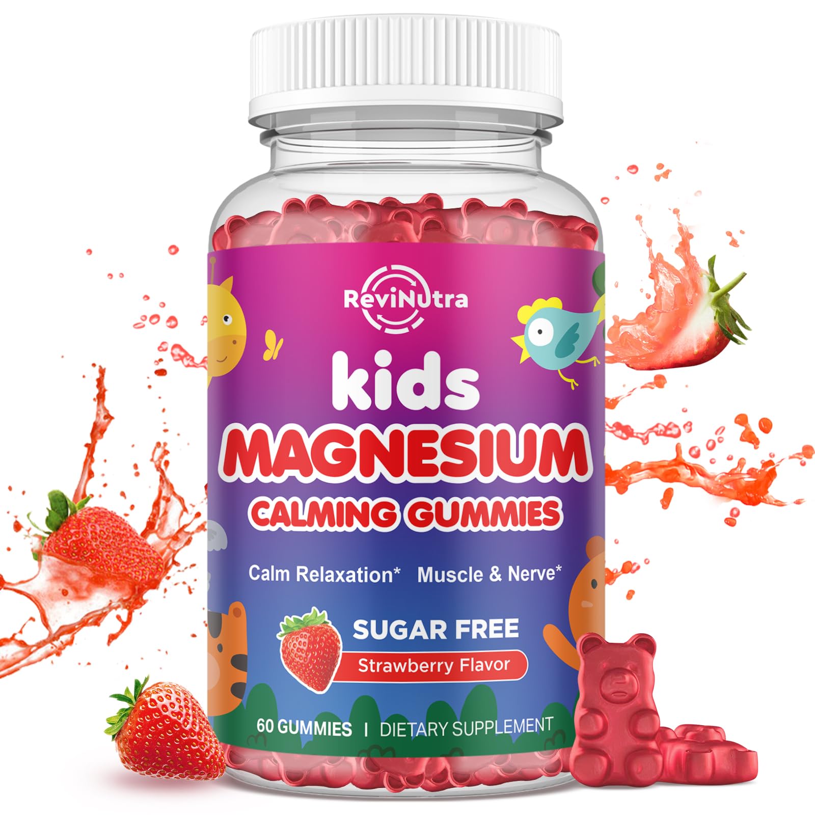 Gommes ReviNutra magnésium pour enfants saveur fraise, relaxation musculaire.