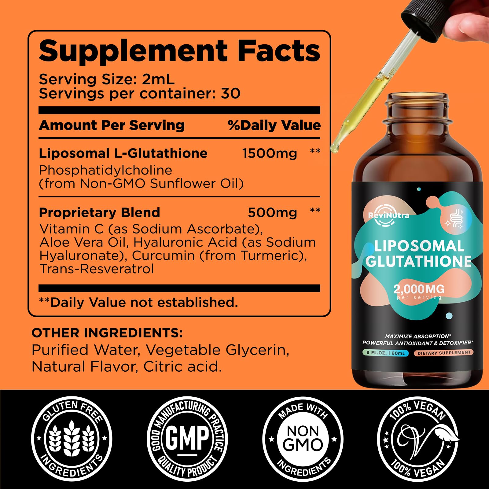 ReviNutra liposomal glutathione gouttes — absorption rapide pour l’éclat.