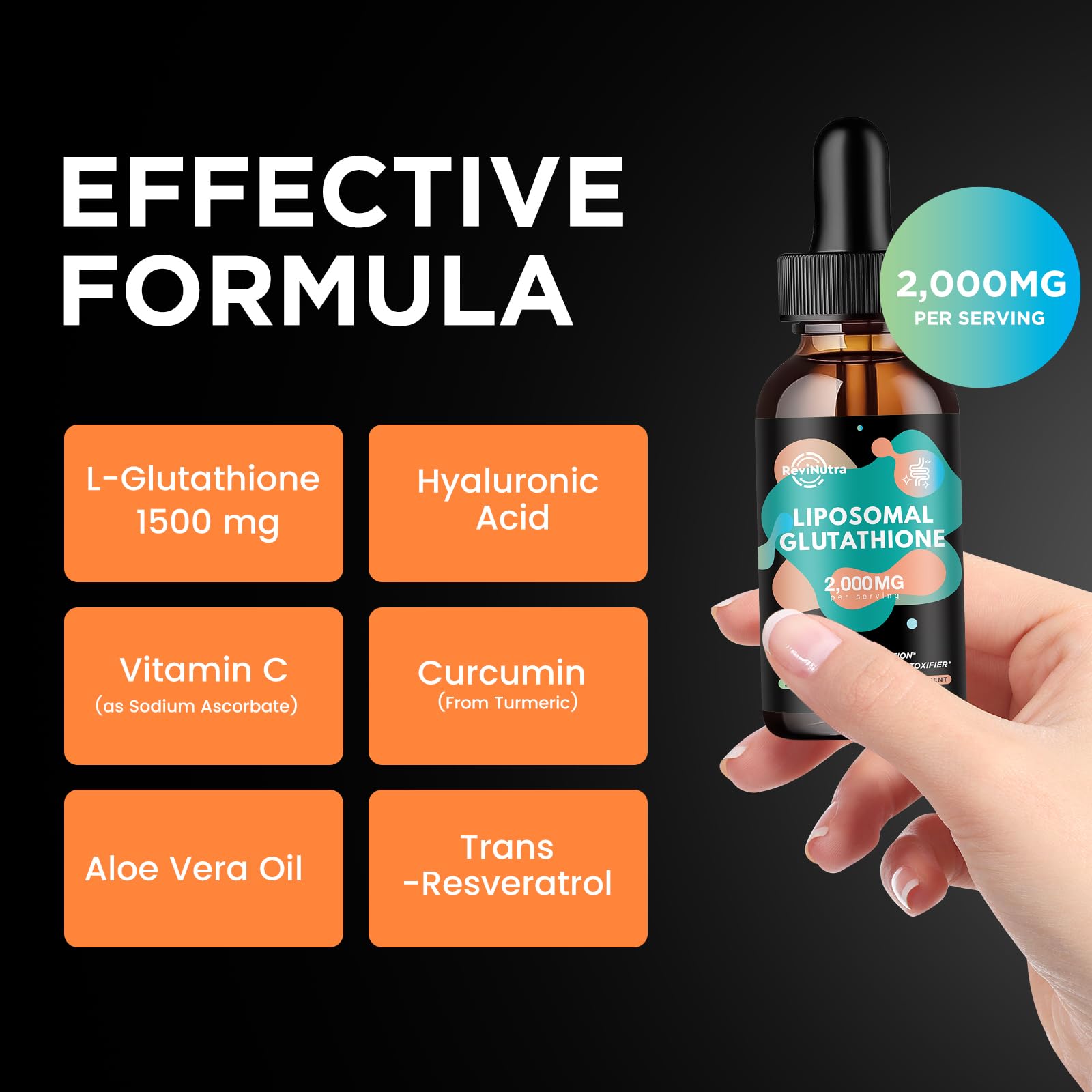 ReviNutra liposomal glutathione ingrédients — antioxydants pour la vitalité cutanée.
