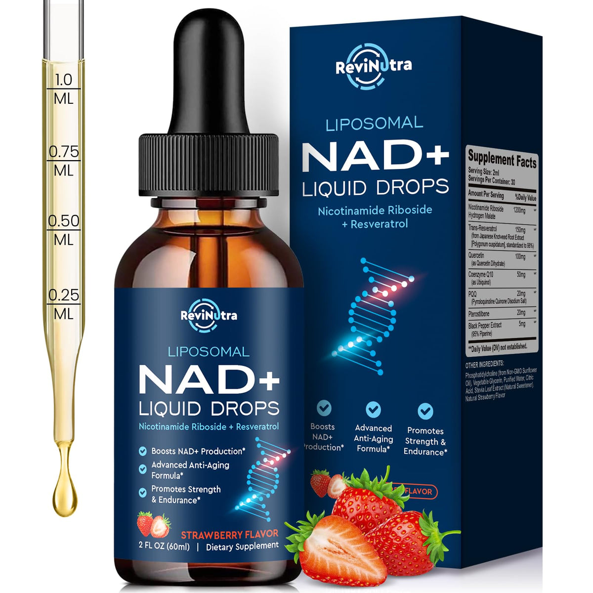 ReviNutra NAD liposomal, bouteille fraise, énergie soutenue et plaisir de boire.