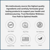 Verre d'eau avec la poudre Revitalize Wellness qui se dissout facilement.