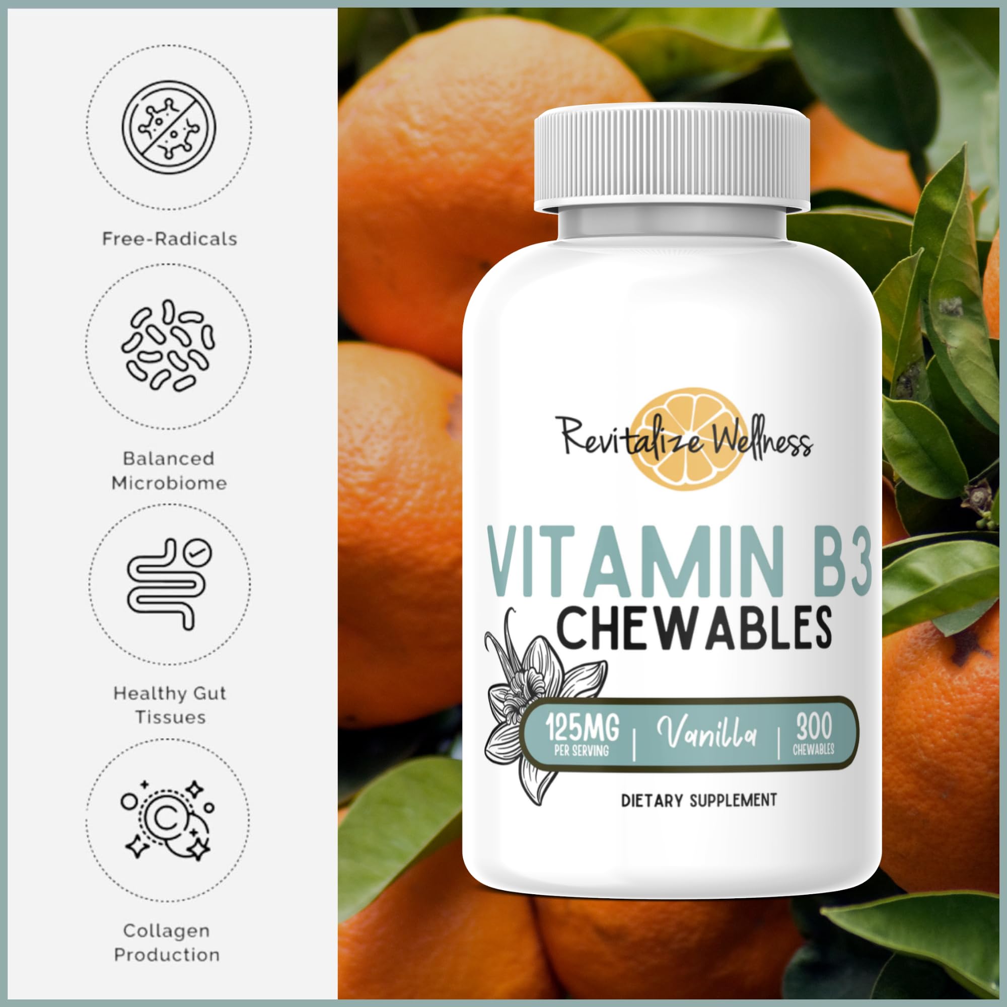 Revitalize Wellness Vitamine B3 masticables vanille, saveur douce pour routine journalière.