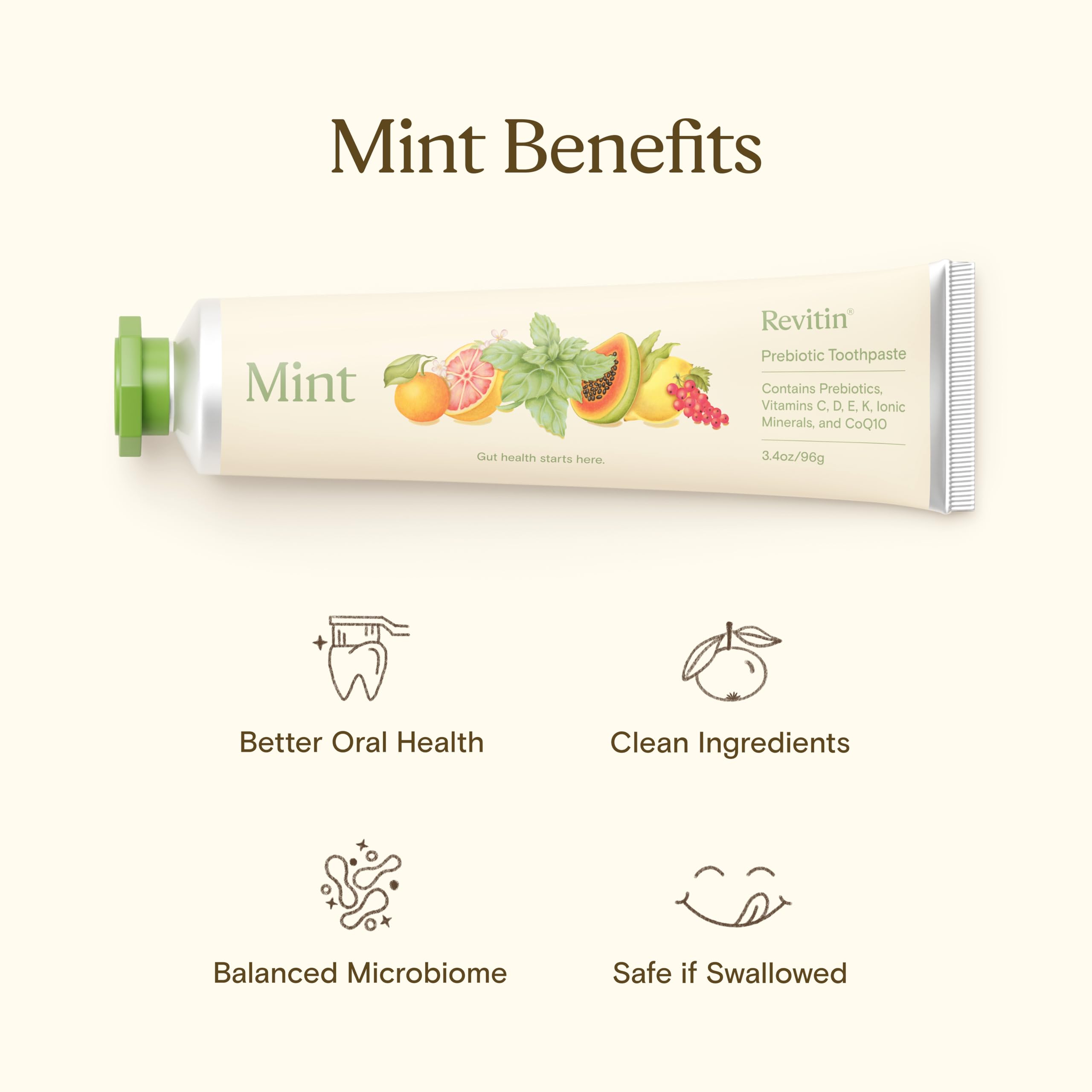 Revitin dentifrice prébiotique menthe – étiquette claire, quotidien facile dans la routine familiale.