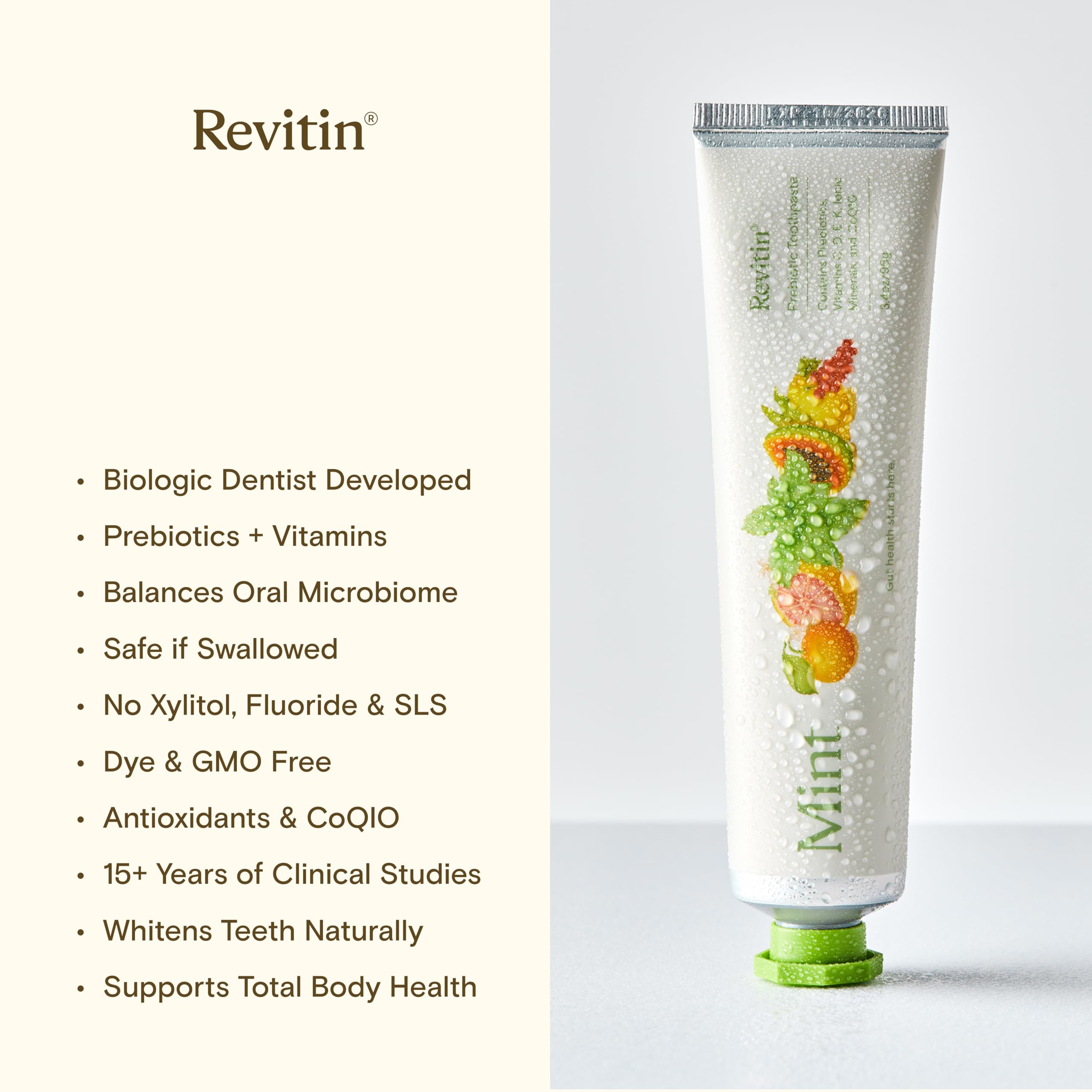 Revitin dentifrice prébiotique menthe – packaging épuré et pratique au quotidien.