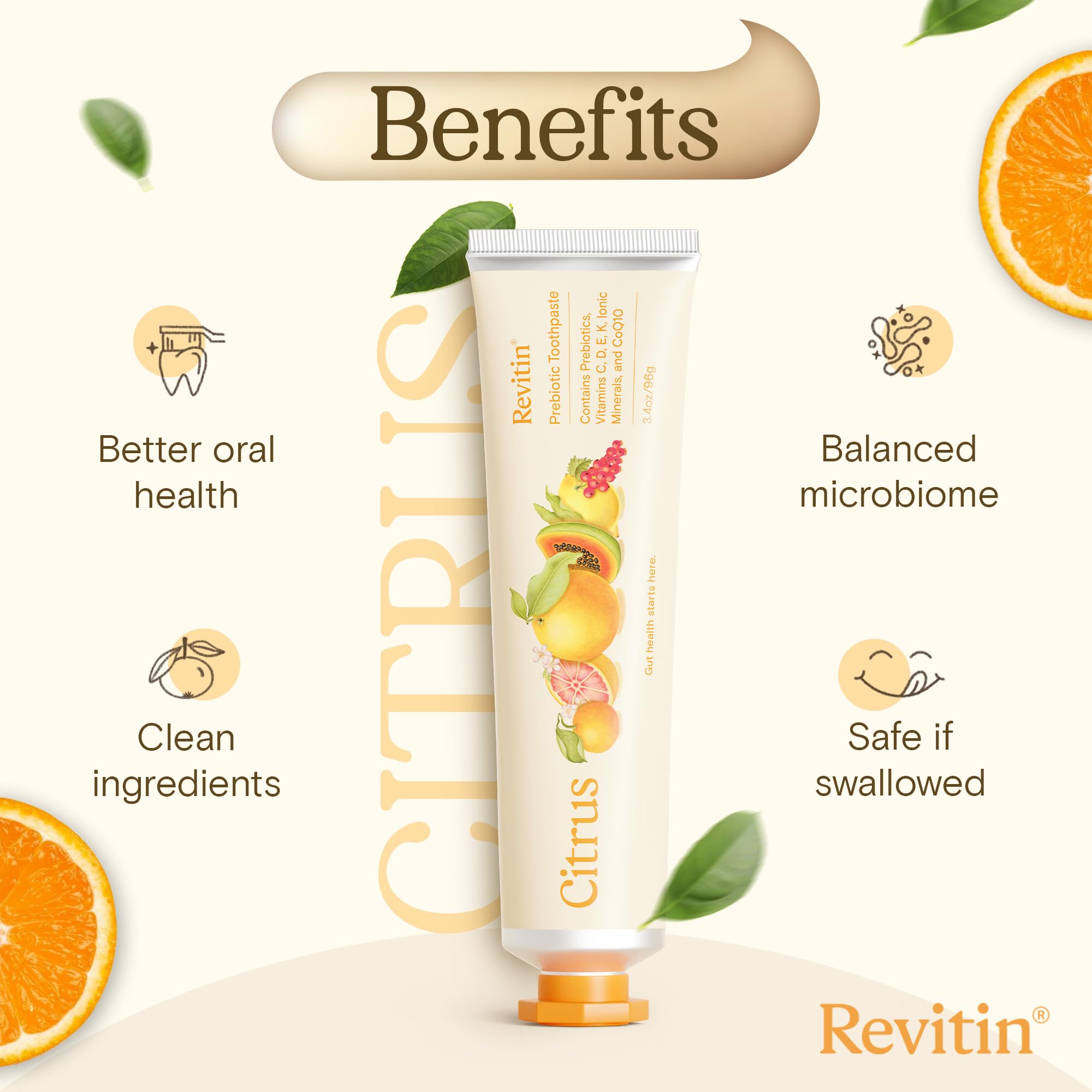 Tube Revitin sans fluorure pour un brossage quotidien en douceur.