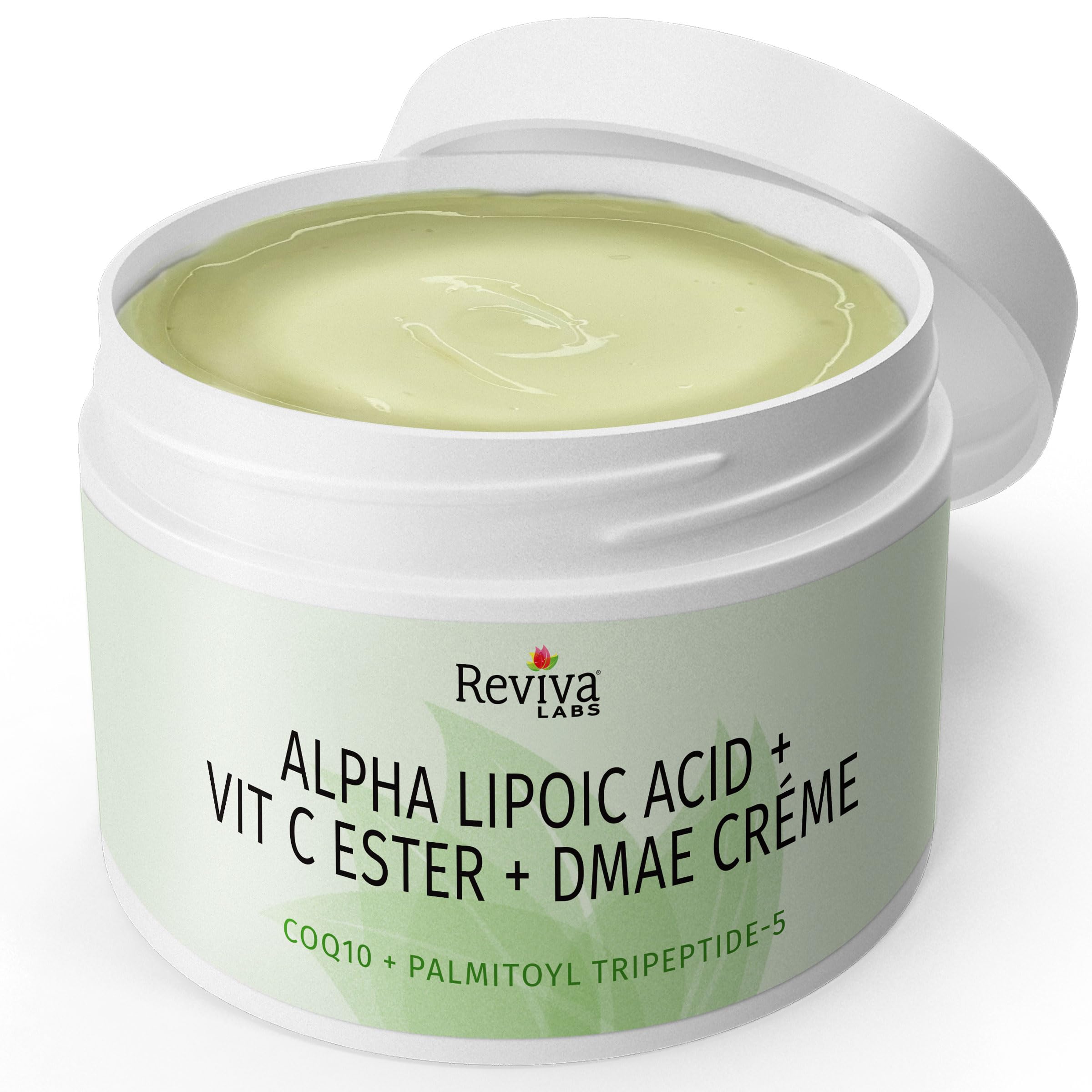 Crème Reviva Labs Alpha Lipoïque avec ester de vitamine C et DMAE, flacon tonifiant potentiel.