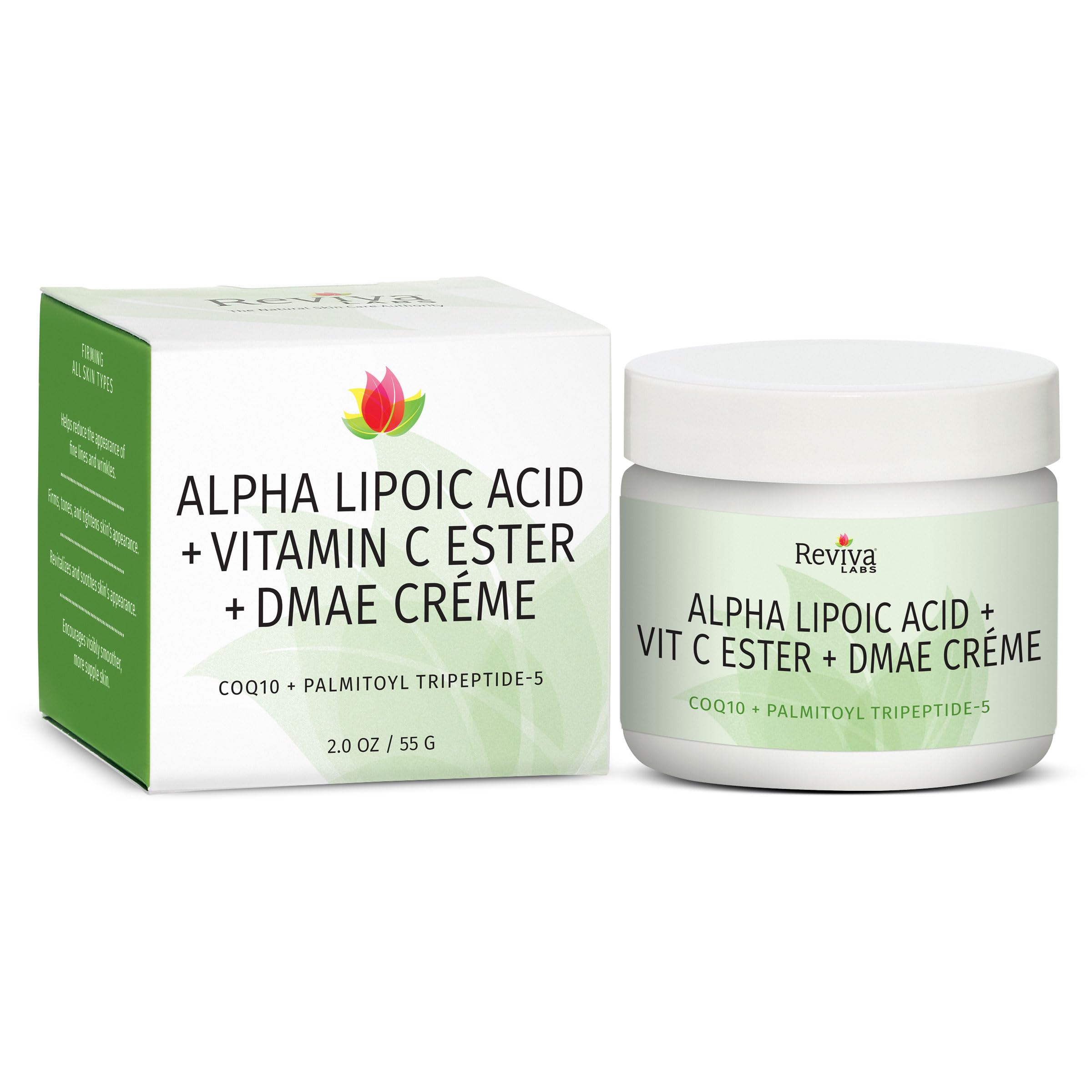 Crème Reviva Labs Alpha Lipoïque avec ester de vitamine C et DMAE, pot raffermissant potentiel.