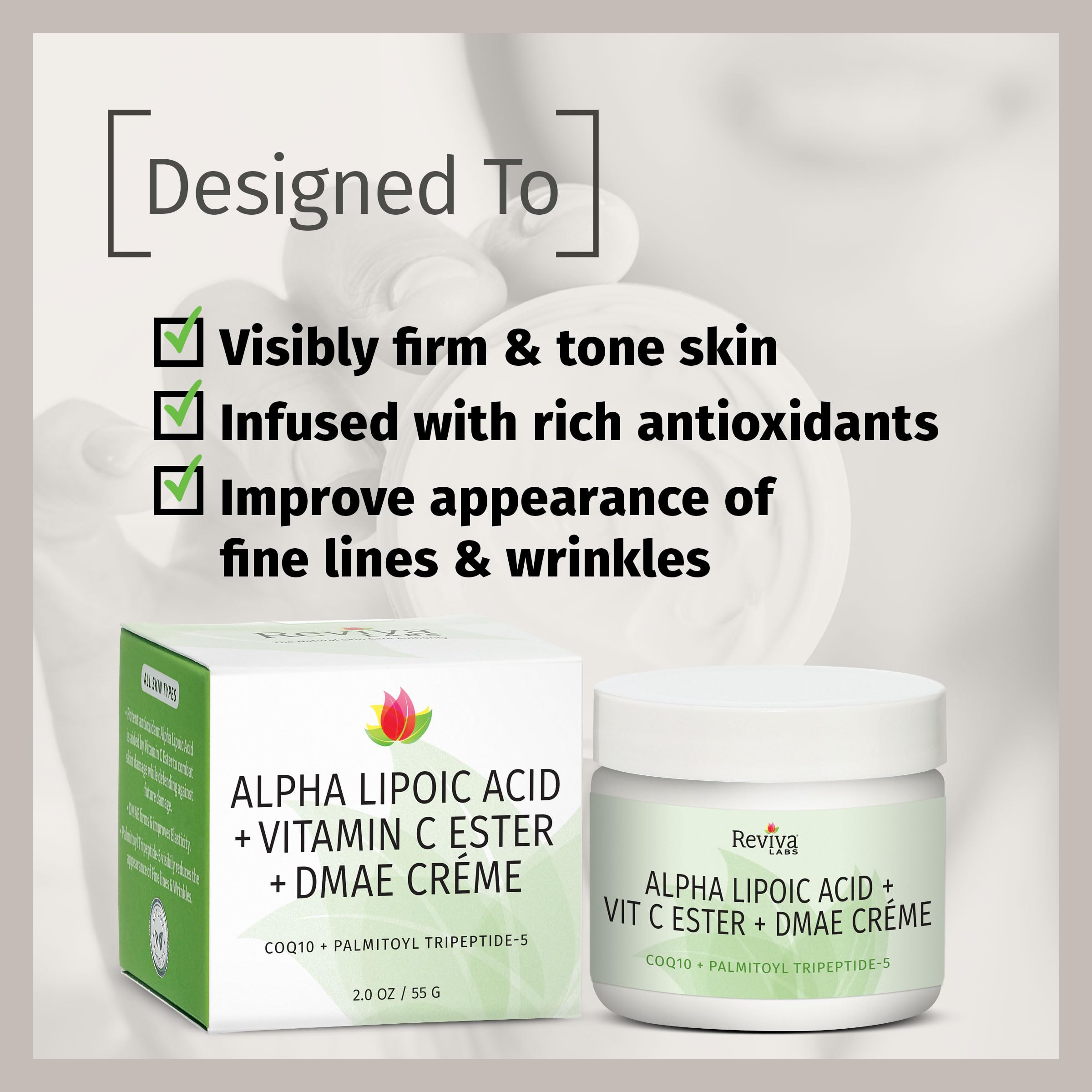 Crème Reviva Labs CoQ10 Palmitoyl Tripeptide-5, flacon anti-âge potentiel.
