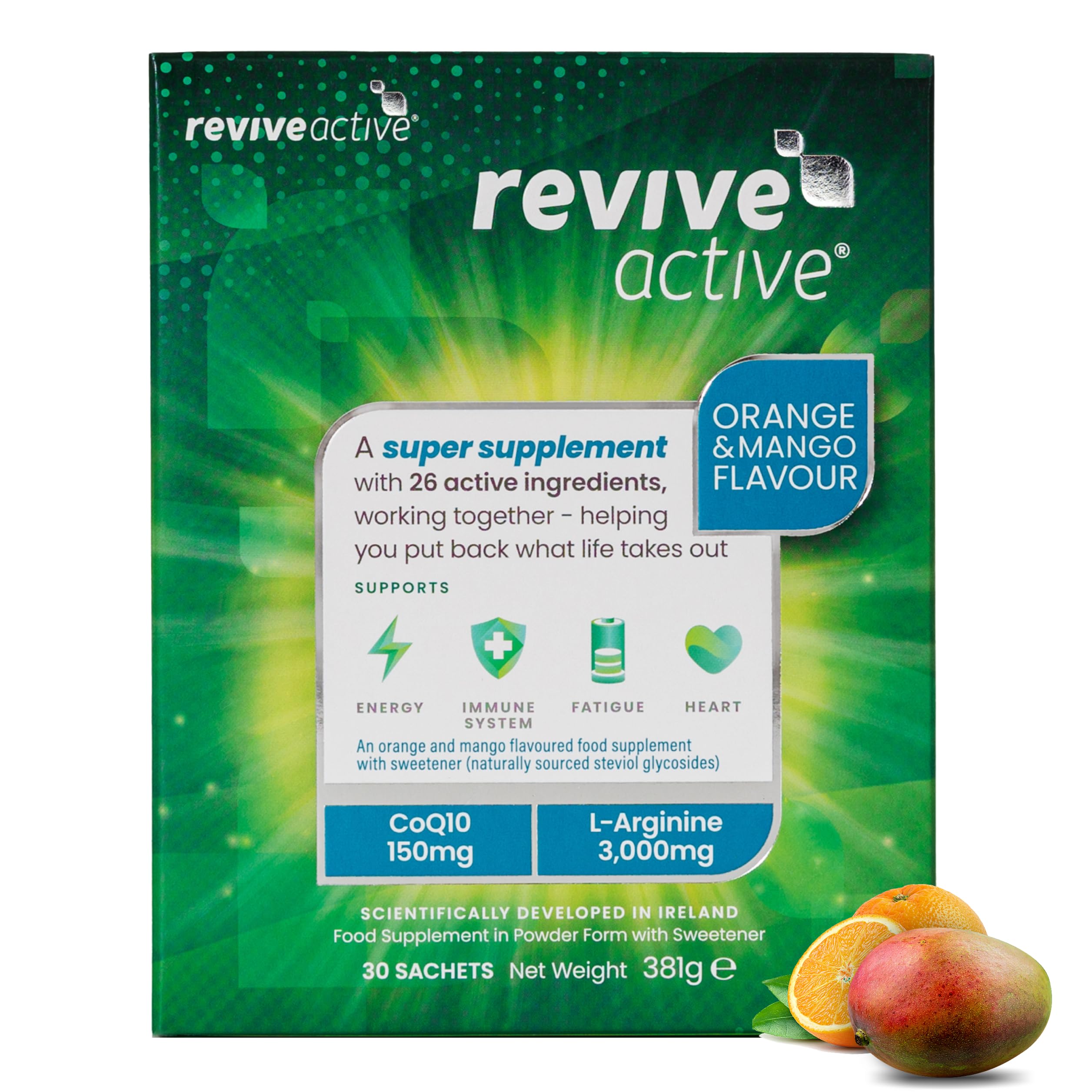 Emballage Revive Active avec sachets orange, pratique pour votre routine.