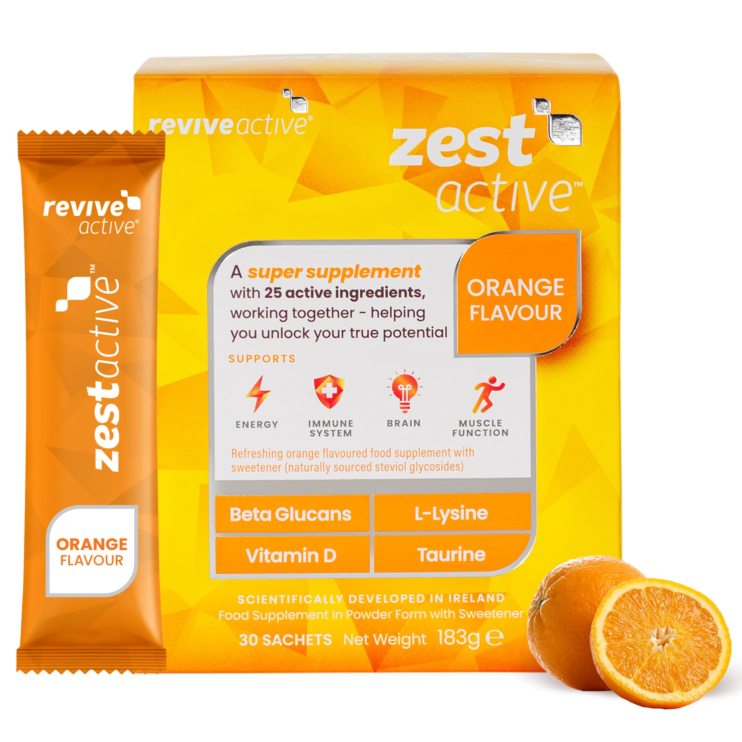 Revive Active Zest Active sur l'emballage, sachet pratique pour énergie quotidienne.